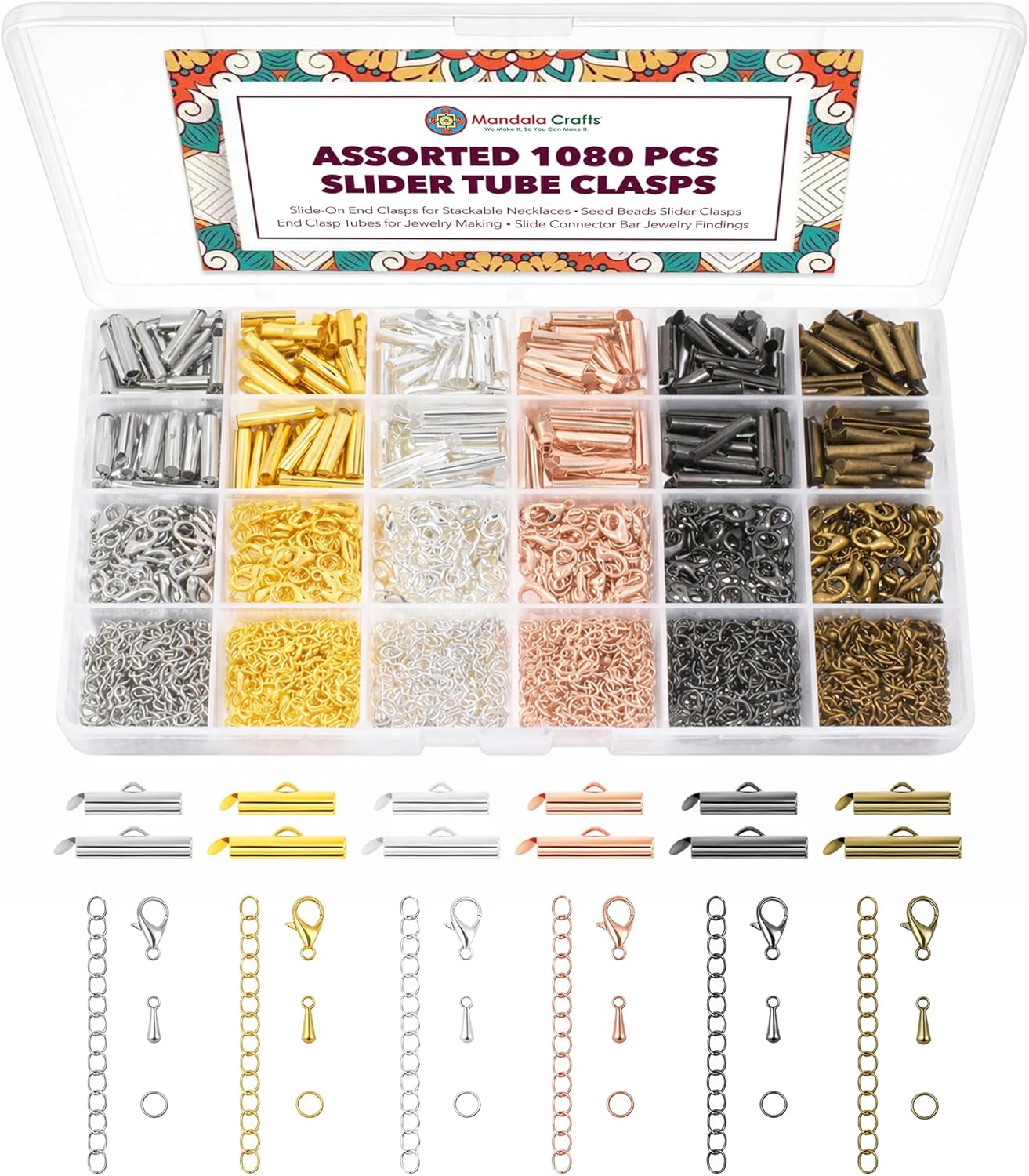Mandala Crafts Assorted Seed Bead Sliders Clasps for Jewelry Making – 1080 Slide Connectors Bars End Clasp Tubes Caps Jewelry Finding
