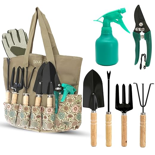 Scuddles Garden Tools Set - 8 Piece Heavy Duty Hand Gardening Tools Kit with Storage Organizer, Ergonomic Set Digging Weeder Rake Shovel Trowel Sprayer Gloves Gift for Men Or Women