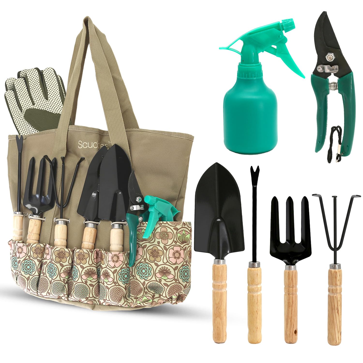 Scuddles 8-Piece Garden Tool Set with Bag, Stainless Steel Tools, Wooden Handles and Soft Poly-Cotton Gloves for Planting, Pruning and Home Gardening
