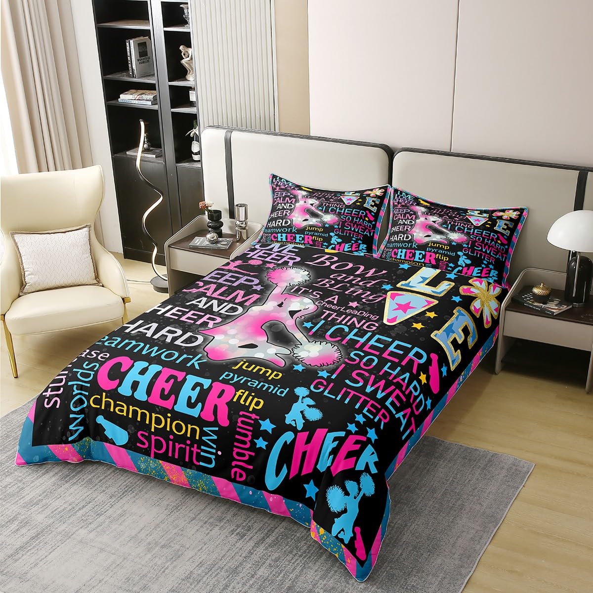 Loussiesd Mädchen Gymnastiks Tanzen Betten Set Cheerleading Bettwäsche Set 135x200cm 100% Baumwolle Cheerleader Bettbezug Set Gymnastik Sports Thema Bettdeckenbezug Bettbezug 2Stück