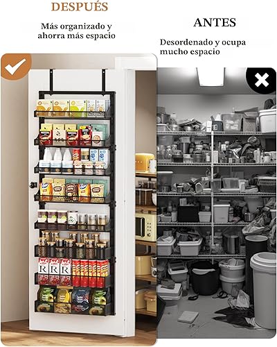 Miniatura 3 de Organizador de Despensa de 8 Niveles Sobre la Puerta, Estante Grande de Metal para Especias en Puerta con Canasta Ajustable, 2 en 1 Montaje en Pared