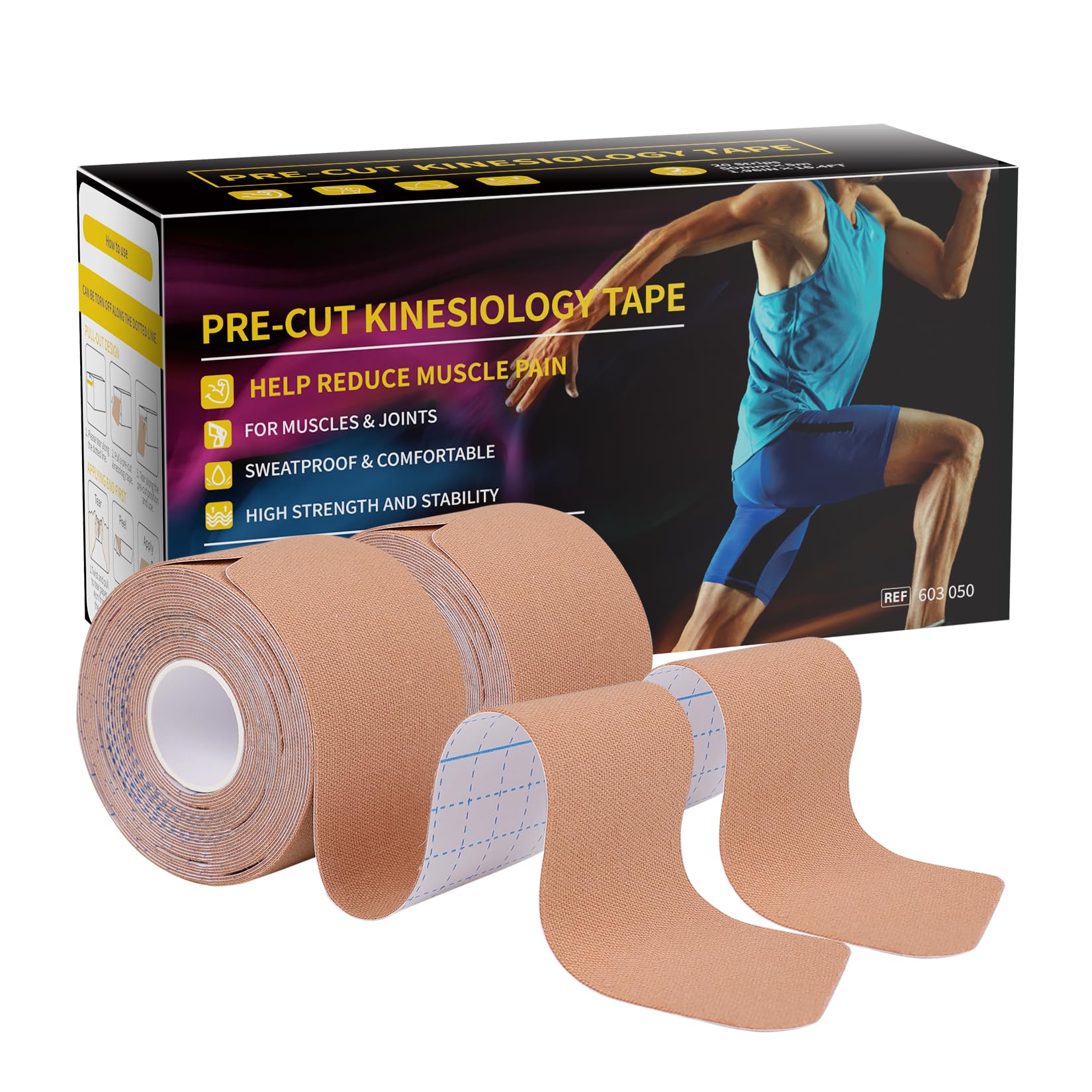 Dimora Kinesiology Tape 40 Count Precut Strips 2 Rolls Original Cotton 10 Elastic Athletic Tape for Muscle Pain