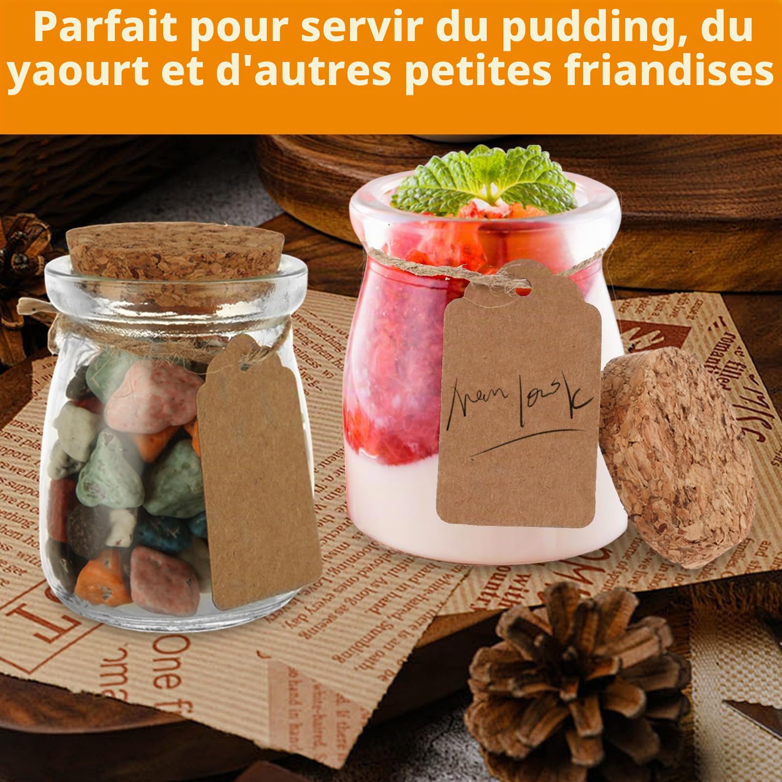 APACALI Lot de 40 petits bocaux en verre avec bouchon en liège - 100 ml - Pour dessert, yaourt, yaourt, etc. - Pour confitures, gelées, miel, desserts