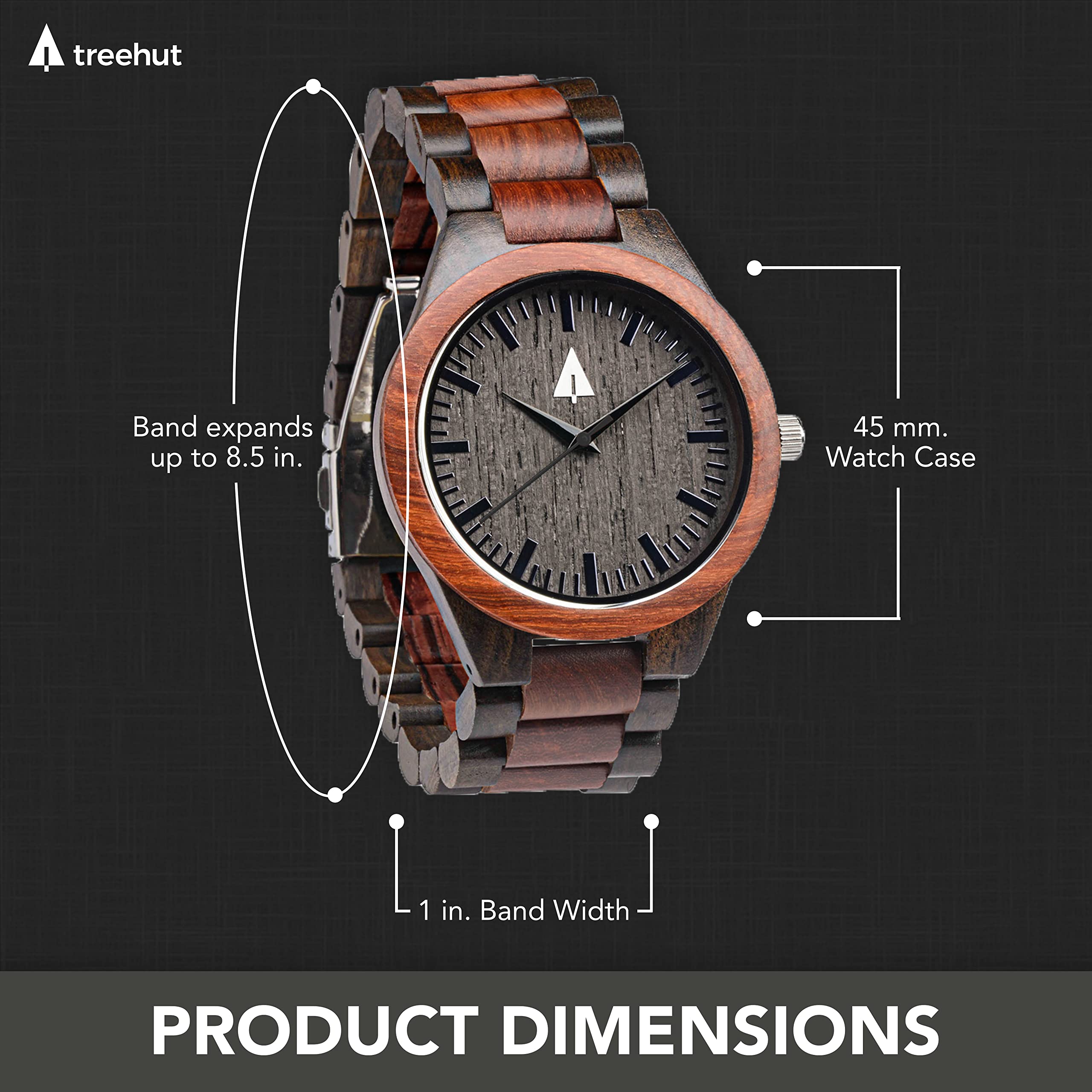 Treehut Wooden Watches for Men, Japanese Quartz Movement, Stylish Exotic Wrist Watch with Adjustable Stainless Steel Buckle, Wooden Straps, Watch Made from Ebony and Redwood, Relojes para Hombre