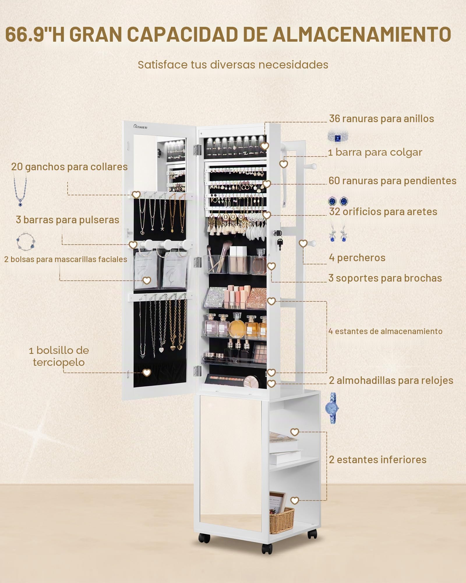 Armario Joyero 8 LEDs Organizador de Pie con Espejo Cuerpo Entero Cerradura 4 Ruedas 3 Niveles Blanco y Negro