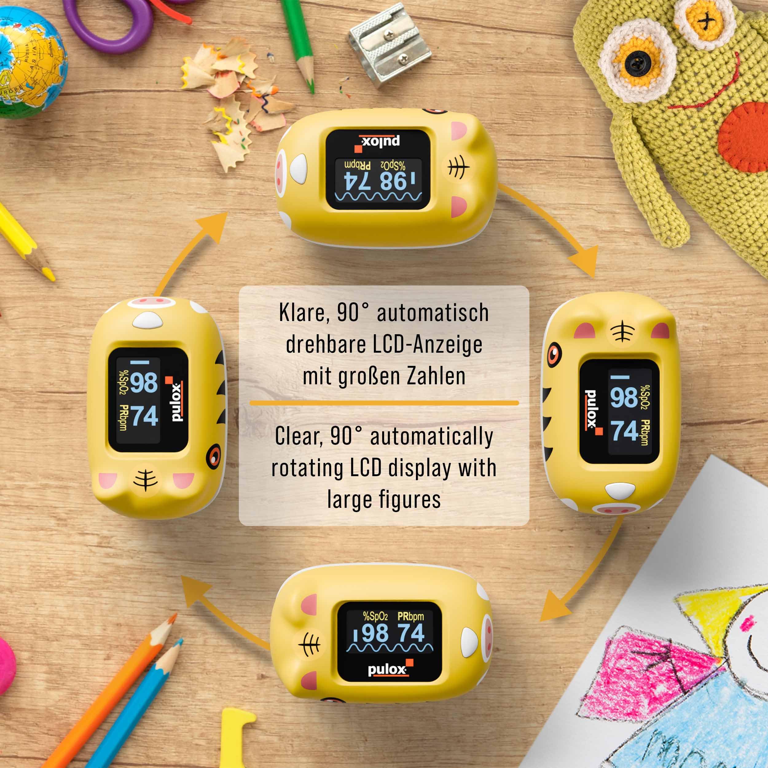 Pulox PO-230 Kinder Pulsoximeter Gelb zur Messung von SpO2 und Puls | Misst Sauerstoffsättigung und Puls in wenigen Sekunden, inklusive Sticker zum individuellen Bekleben und Gestalten