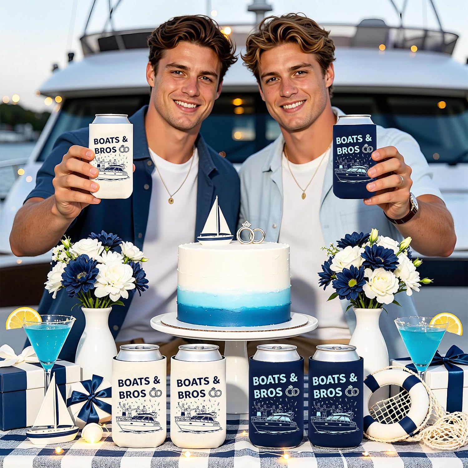 TWO WILD Boats & Bros Bachelor Can Coolers 12pcs Neoprene Boat Party Decorations for Man Bachelorette Celebration Drinks Boat-Themed Party Supplies Cup Sleeves in Blue and Beige