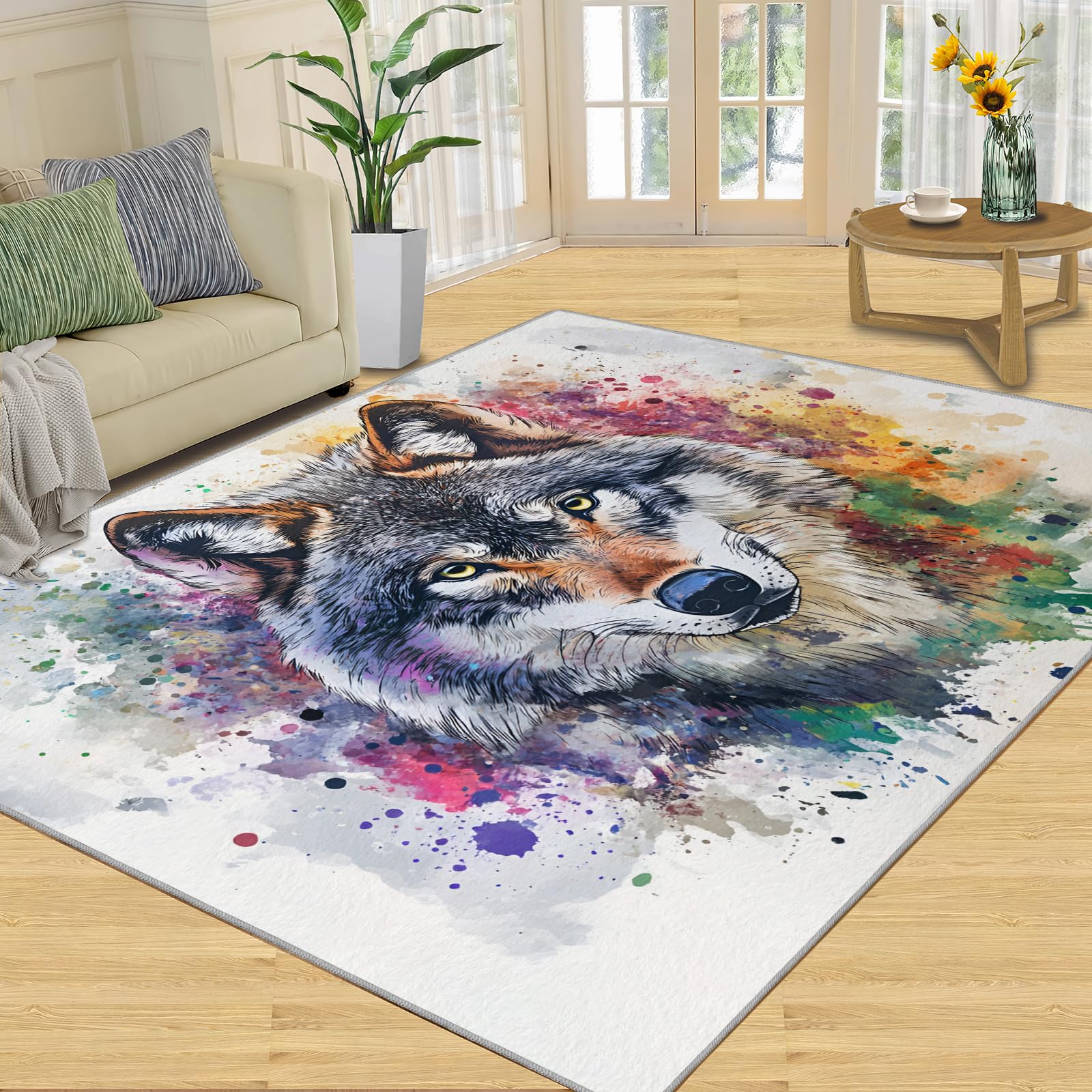 FBRUIEG Wolf Rugs for Living Room, Colorful Graffiti Wolf Area Rug, Low Pile High Traffic Rugs for Sofa Table Under Bedroom Home Decor Floor Mat 140x200cm