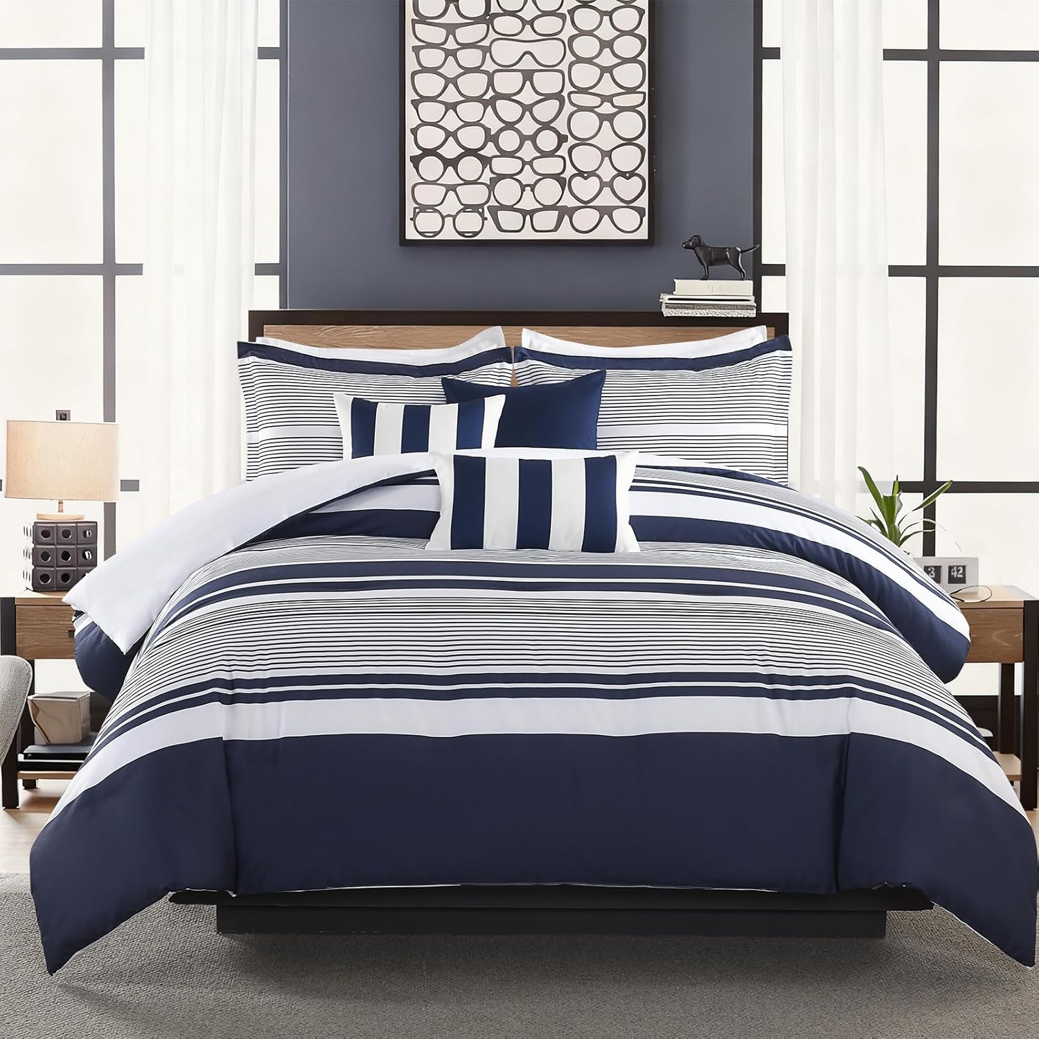 Finlonte Queen Size Comforter Set 6 Pieces, Navy Blue White Striped Bed Set, 100% Cotton Luxury Fluffy Cozy Comforter with 2 Pillow Shams and 3 Decor Pillow Cover, Modern Quilted Bedding All Season