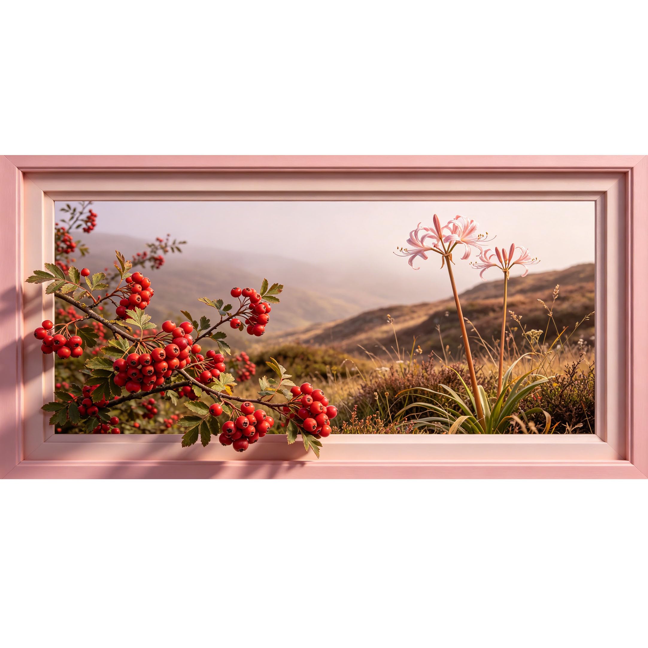 Agglomerix 3D Framed Wall Art Red Berry Branch Spider Lily Landscape Botanical Nature Field Large Size SelfAdhesive Removable Wall Decor Prints Artwork for Living Room Bedroom Office