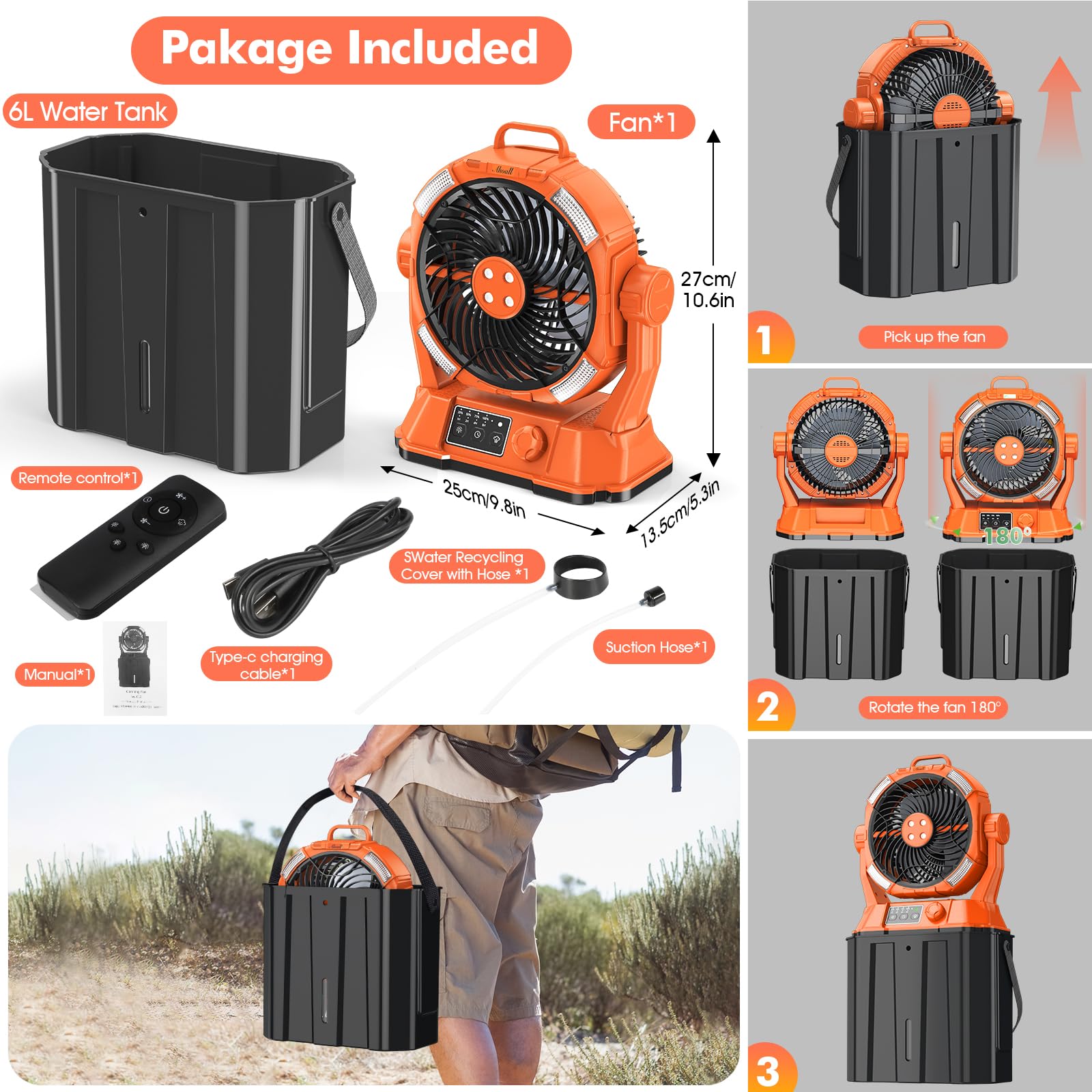 Nebelventilator mit tragbarem 6L Eimer für Außenterrassen, 20000mAh Wiederaufladbarer Nebelventilator für Camping mit LED-Licht, 4 Sprühnebel, Fernbedienung Cotroller