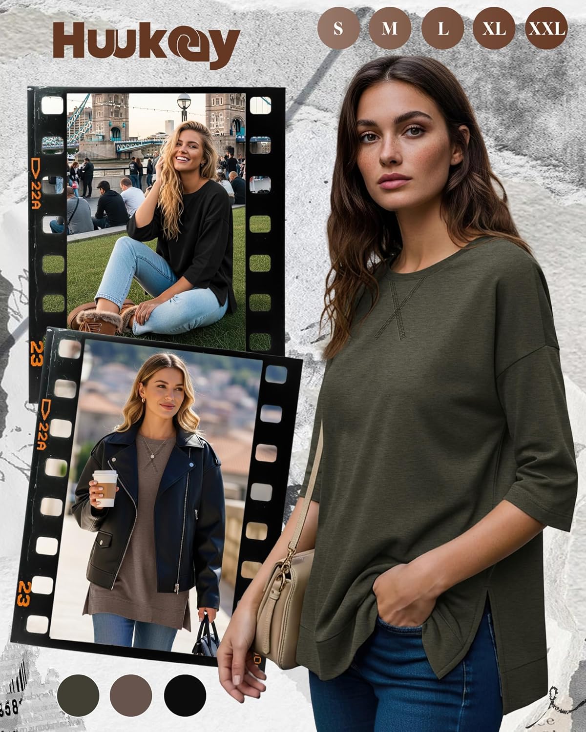 Huukeay 3 Pack 3/4 Length Sleeve Women's Tops Side Slit Tunic Loose Fit Round Neck Tee Shirt Ladies Casual Basic Fall Clothes - Image 2