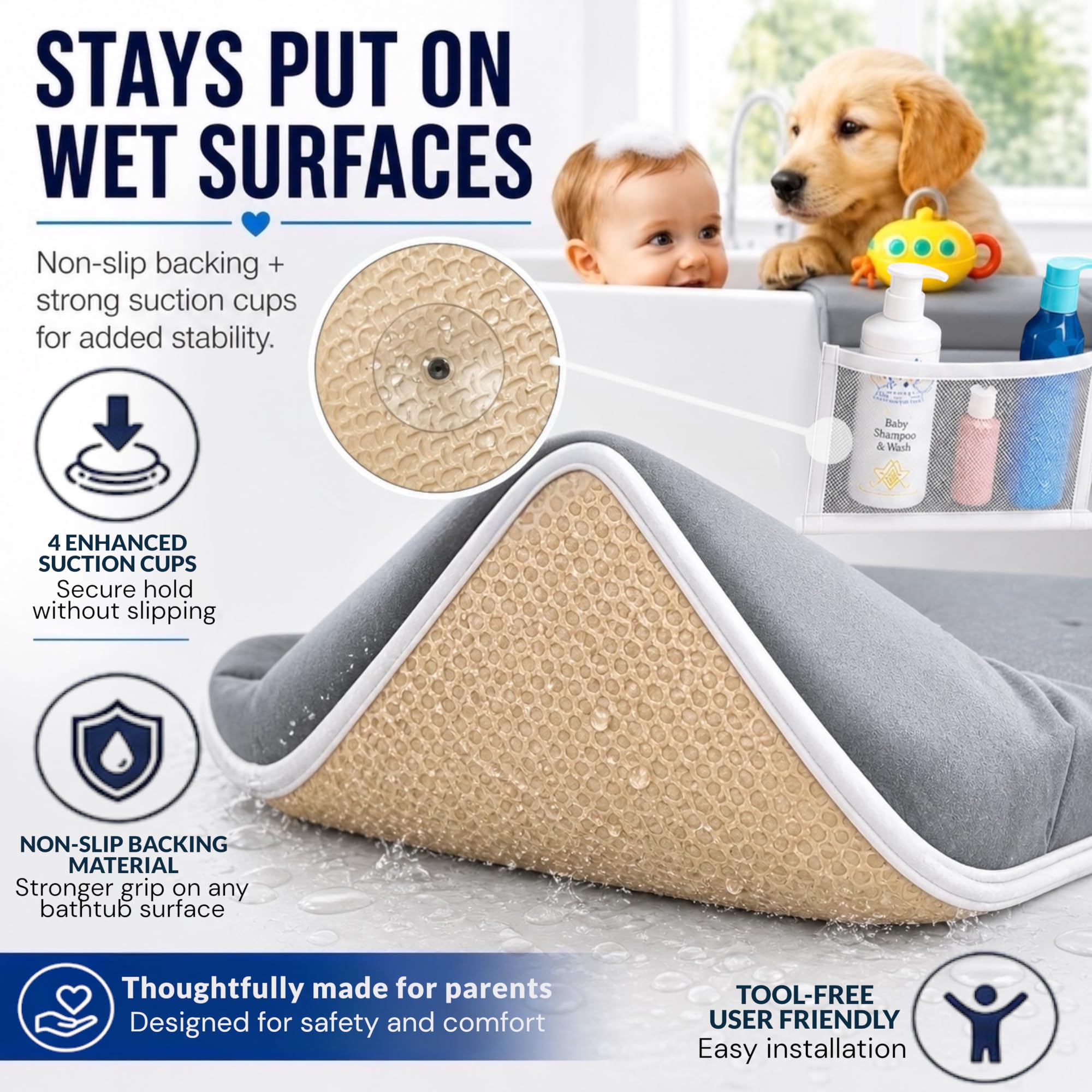 HUX Baby Baby-Badewannen-Knieschützer und Ellenbogenstützen-Set, Badematte, Badespielzeug-Organizer für Badewanne, Ellenbogen- und Kniestützen-Set, Lua Grey