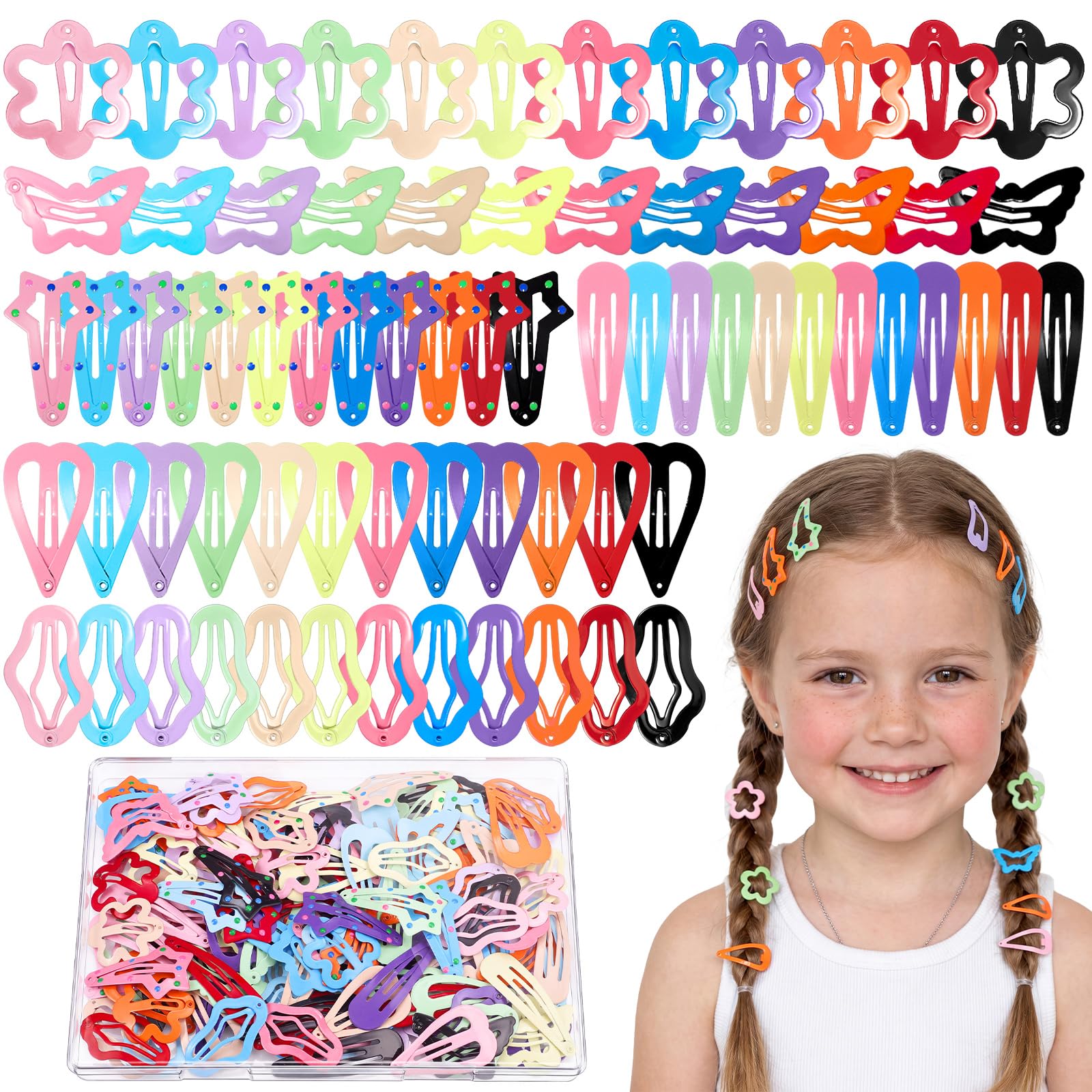 144 Pcs Colorful Snap Hair Clips for Girls, 6 Shapes Metal Cute Barrettes