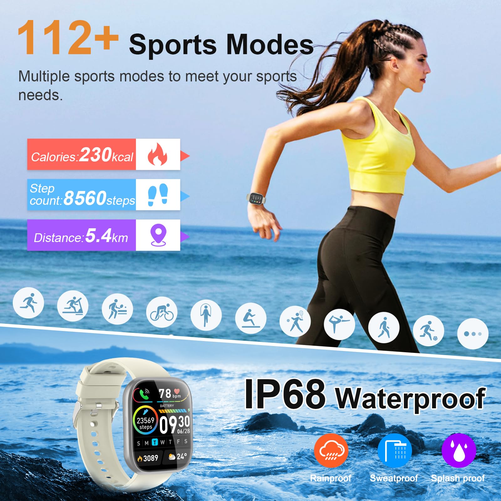 Reloj Inteligente con Función de Teléfono, Reloj de Pantalla Táctil de 1,85'' para Hombres y Mujeres, IP68 Impermeable para Android iOS, Oro Rosa