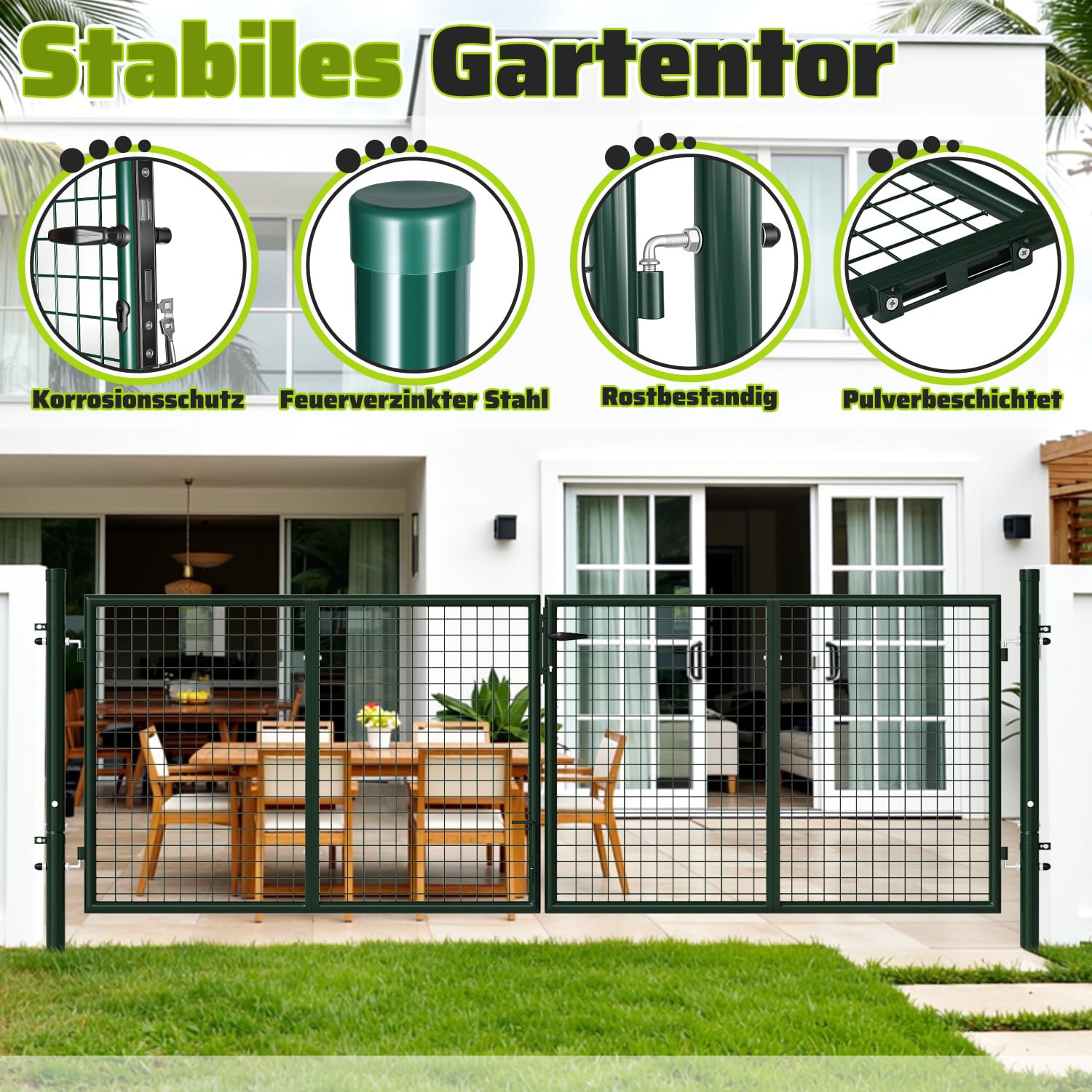 Cancello da giardino in metallo, porta a doppio battente, 300x100 cm, tubo tondo, fai da te, patchwork, incluso il lucchetto, per recinzione a doghe (verde).