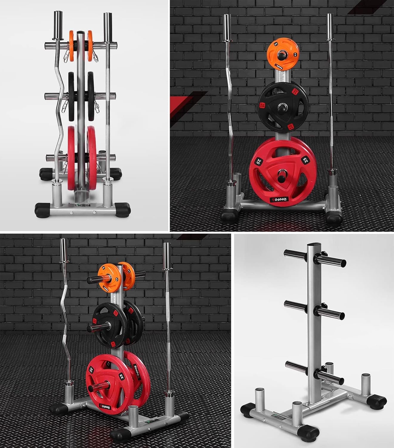 Silver Heavy Duty Weight Plate Rack - Commercial Home Gym Standard Olympic Weight Tree with Bar Holder, 5cm Fitness Dumbbell Barbell Plate Rack