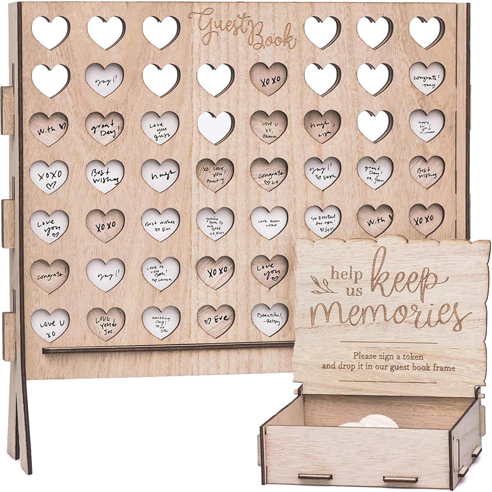 Hochzeits Gästebuch, Personalisiertes Holz Vintage Bilderrahmen Doppelherz 60 Holzherzen zum Beschriften Name Datum, Für Geburtstage Babyshower Taufe Hochzeitsdekoration (Wooden Heart)
