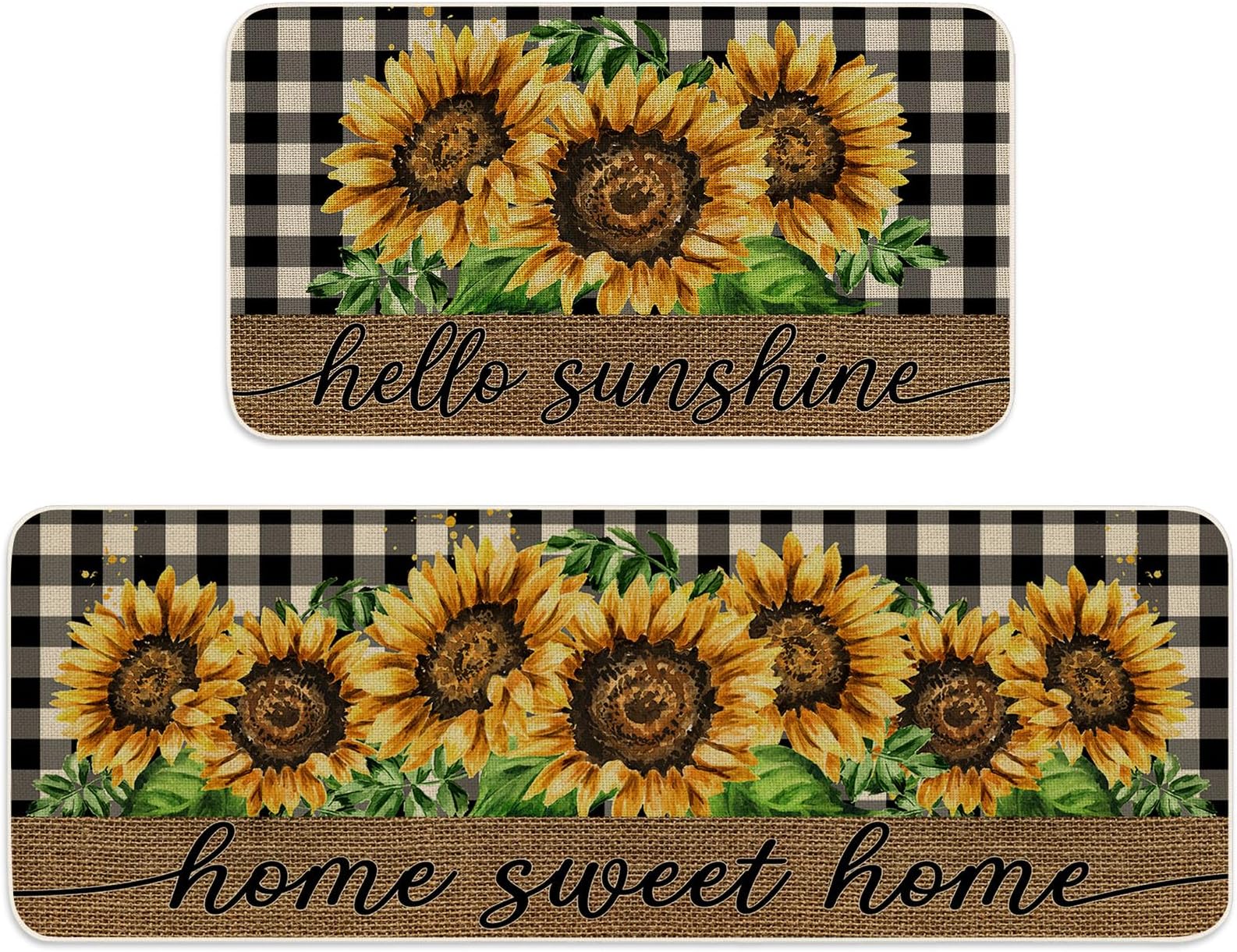JarThenaAMCS Summer Kitchen Mats Set of 2, Sunflower Plaids Kitchen Floor Mat Non-Slip Decorative Bathroom Rugs for Indoor Outdoor Home Office Decor, 17 x 29 Inch & 17 x 47 Inch