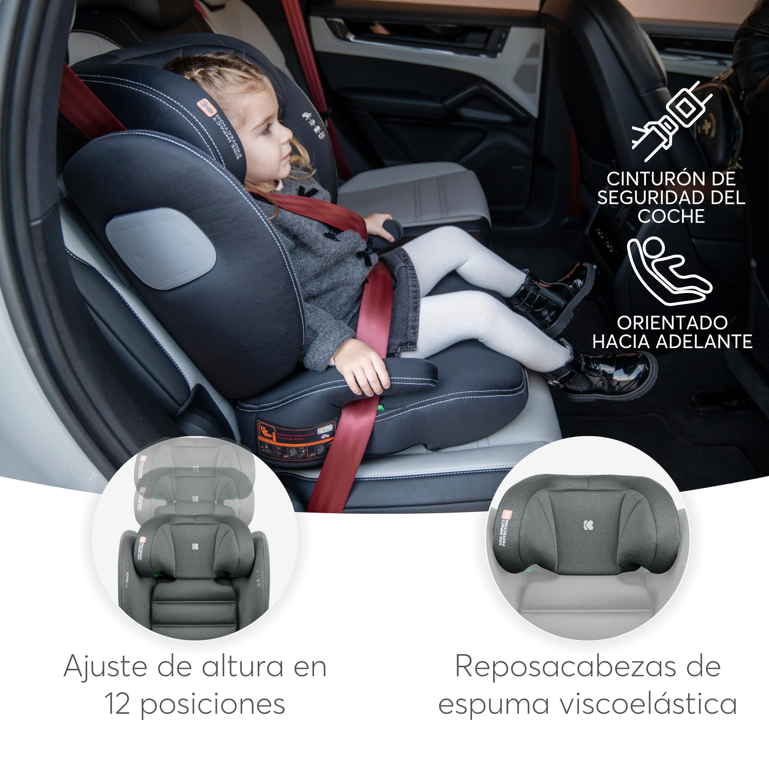 KikkaBoo Silla Coche Grupo 2-3 ISOFIX (15-36 kg) i-TRACK, Protección SPS Lateral, i-Size, 12 Posiciones Reposacabezas, Cadeira Auto Infantil, Gris