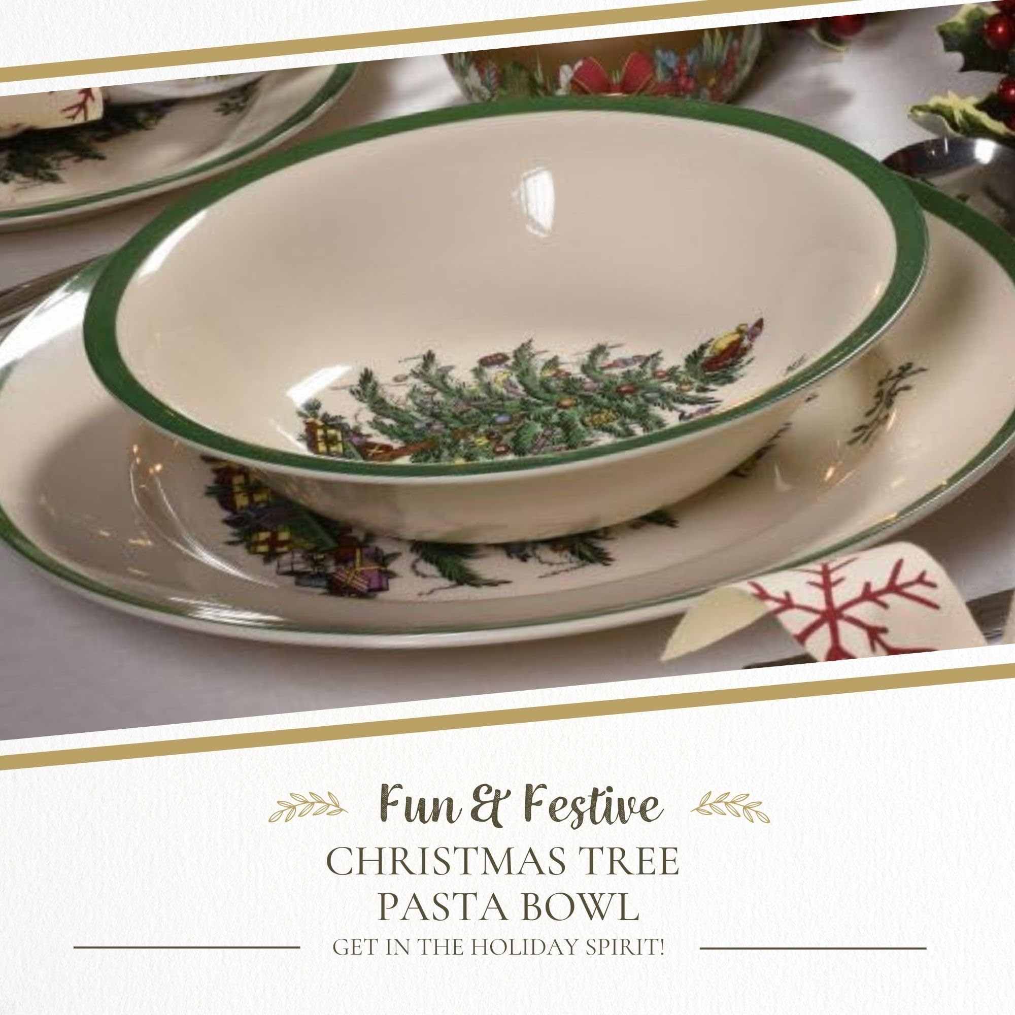 Spode Christmas Tree Collection Pasta Bowl - 9-Inch, Dishwasher, Microwave, and Freezer Safe, Made of Porcelain, Serveware, Christmas Tree Design, Green/Beige
