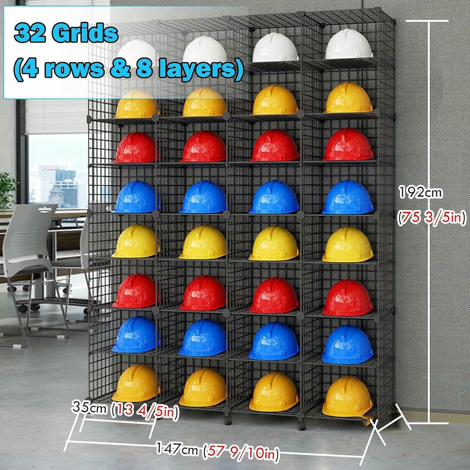 Freestanding Hard Hat Holder & Helmet Display Stand, 32-Grid Cube Organizer Rack with Wheels for Office, Living Room, Factory Storage Shelves