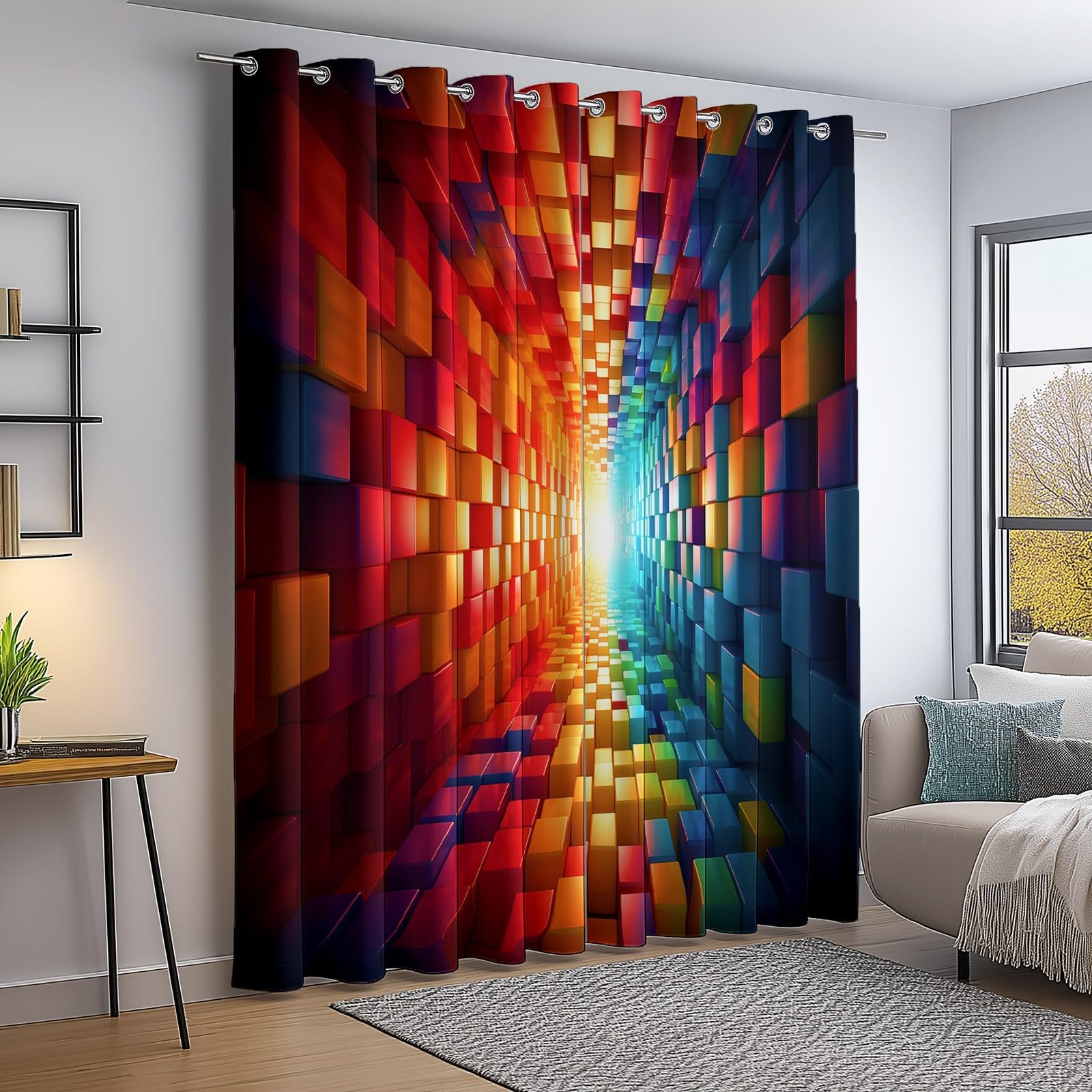 100% Rideau Occultant Thermique Isolant Anti Froid et Chaleur 140L X 245H cm (2 Panneaux), 3D Tunnel Géométrie Cube Rideaux Opaques Oeillets Anti UV Anti Bruit pour Chambre Salon, Coloré