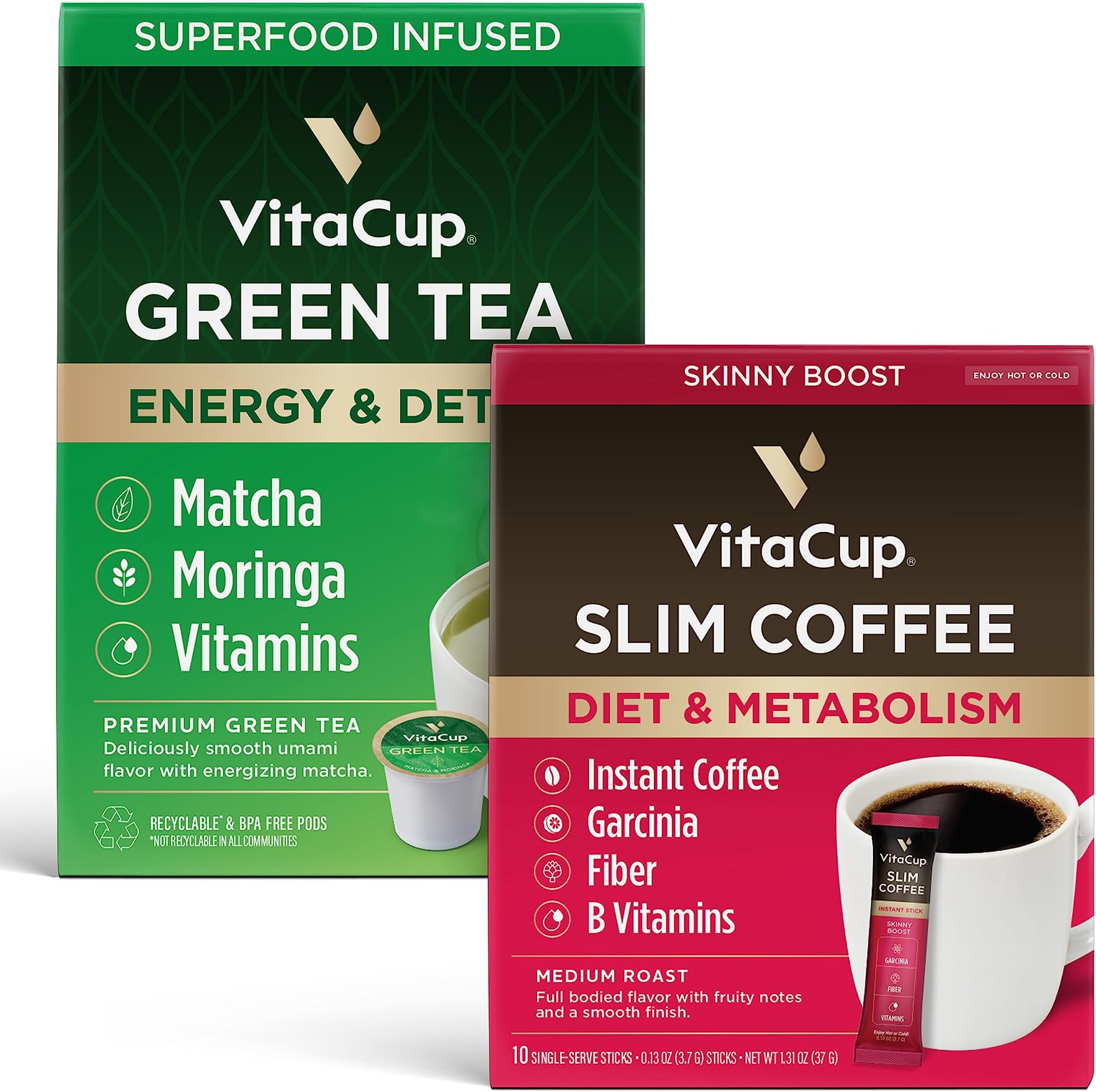 VitaCup Instant Slim Coffee 10Ct & Green Tea Pods 16Ct