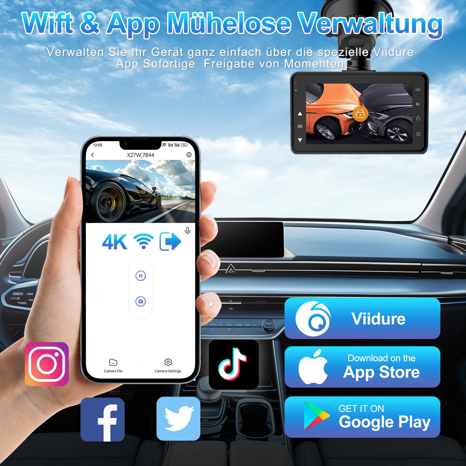 SIGRILL 4K/2K+1080P Dashcam Auto Vorne Hinten,WiFi Dash Cam mit 64GB SD Karte, Dasch-cam Auto Nachtsicht, 170°Weitwinkel WDR, 24/7 Parküberwachung Funktionalität, G-Sensor, Loop-Aufnahme, Max 256GB