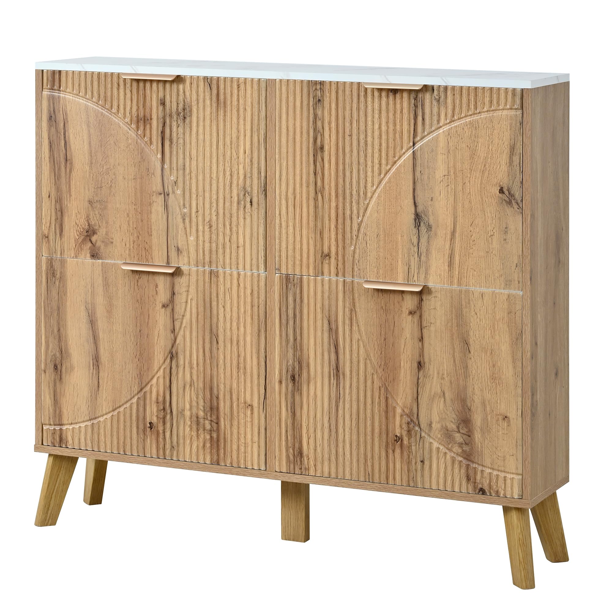 Scarpiera con coperchio incernierato effetto legno, 105 x 24 x 95,5 cm, quattro ante, piano di lavoro effetto marmo, pannelli porta in rilievo 3D, gambe coniche in legno massello, armadietto
