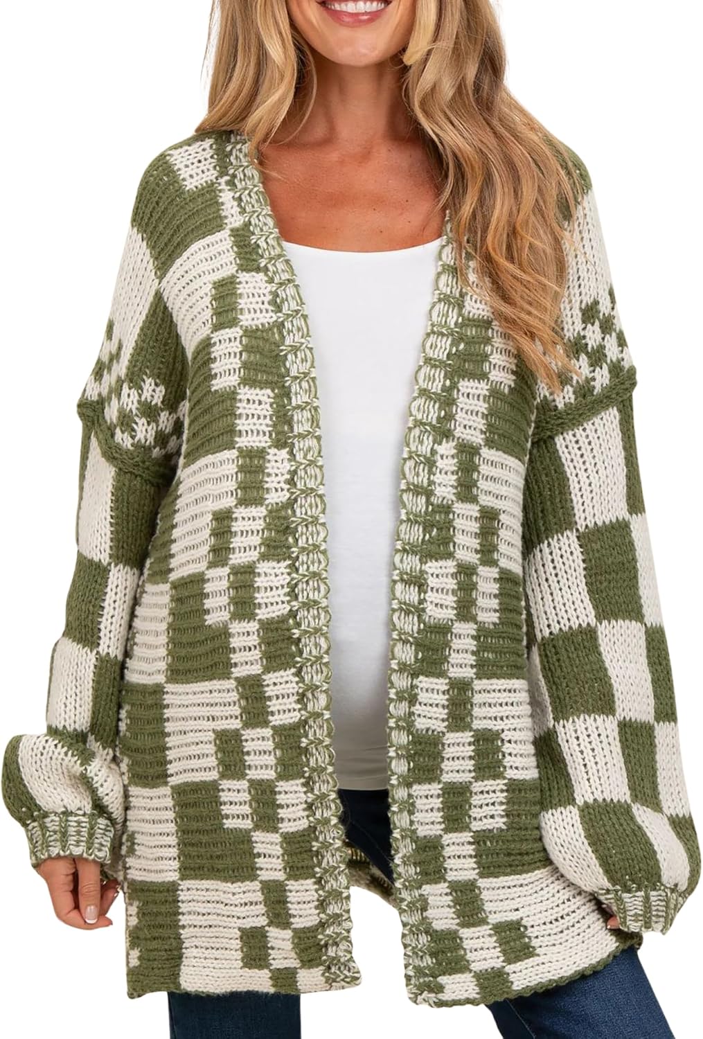 CORIRESHA Women's Oversized Cardigan Checkered Sweater Open Front Long Sleeve Casual Knit Outerwear