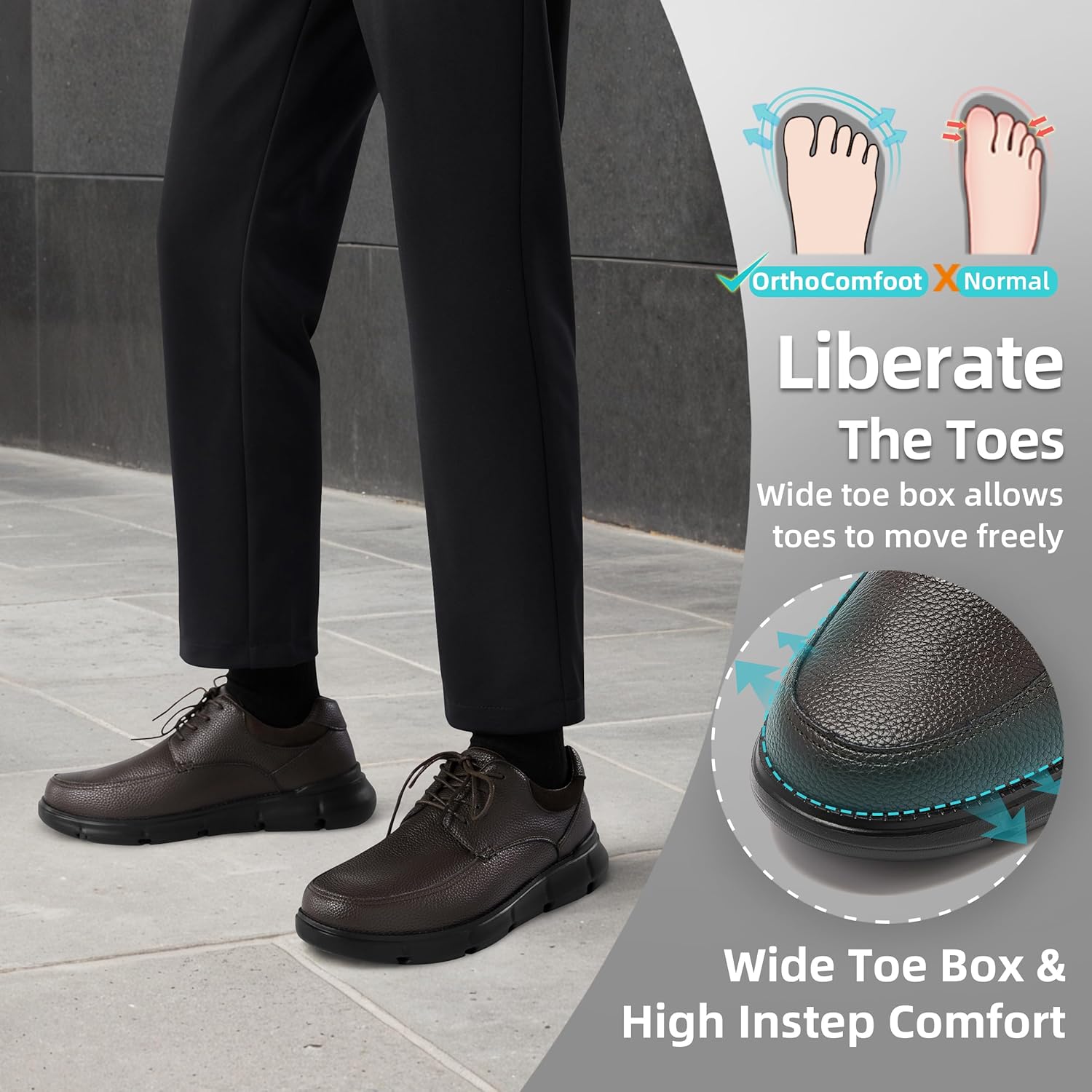 Men's Orthopedic Wide Business Leather Dress Shoes - Arch Support Plantar Fasciitis Casual Formal Wingtip Oxford - Comfortable Cap Toe Orthotics Patent Tuxedo Sneakers for Foot and Heel Pain Relief - Image 3