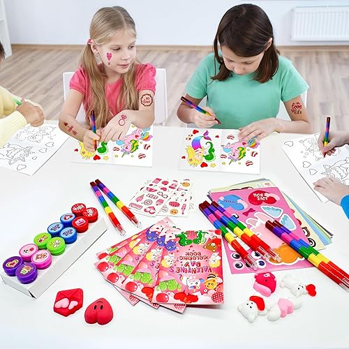 Miniatura 6 de 72 piezas de regalos de intercambio escolar para el día de San Valentín, libros para colorear de San Valentín, crayones apilables, tatuajes,