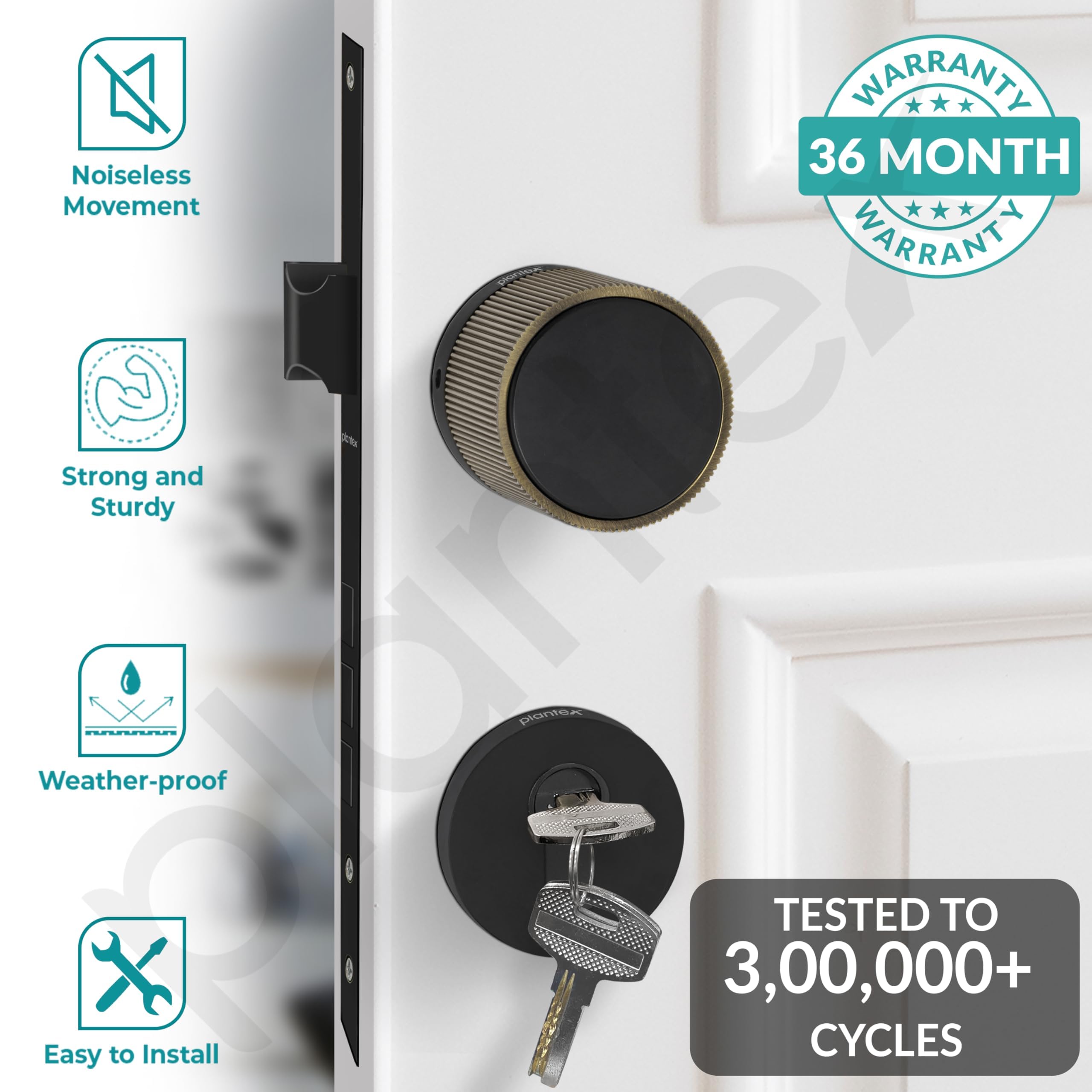 Plantex Main Door Mortise Lock/Heavy Duty Door Knob Lock/Pull Handle Set for Home/Office - Door Accessories - (Brass Antique - Black) — Amazon image 2