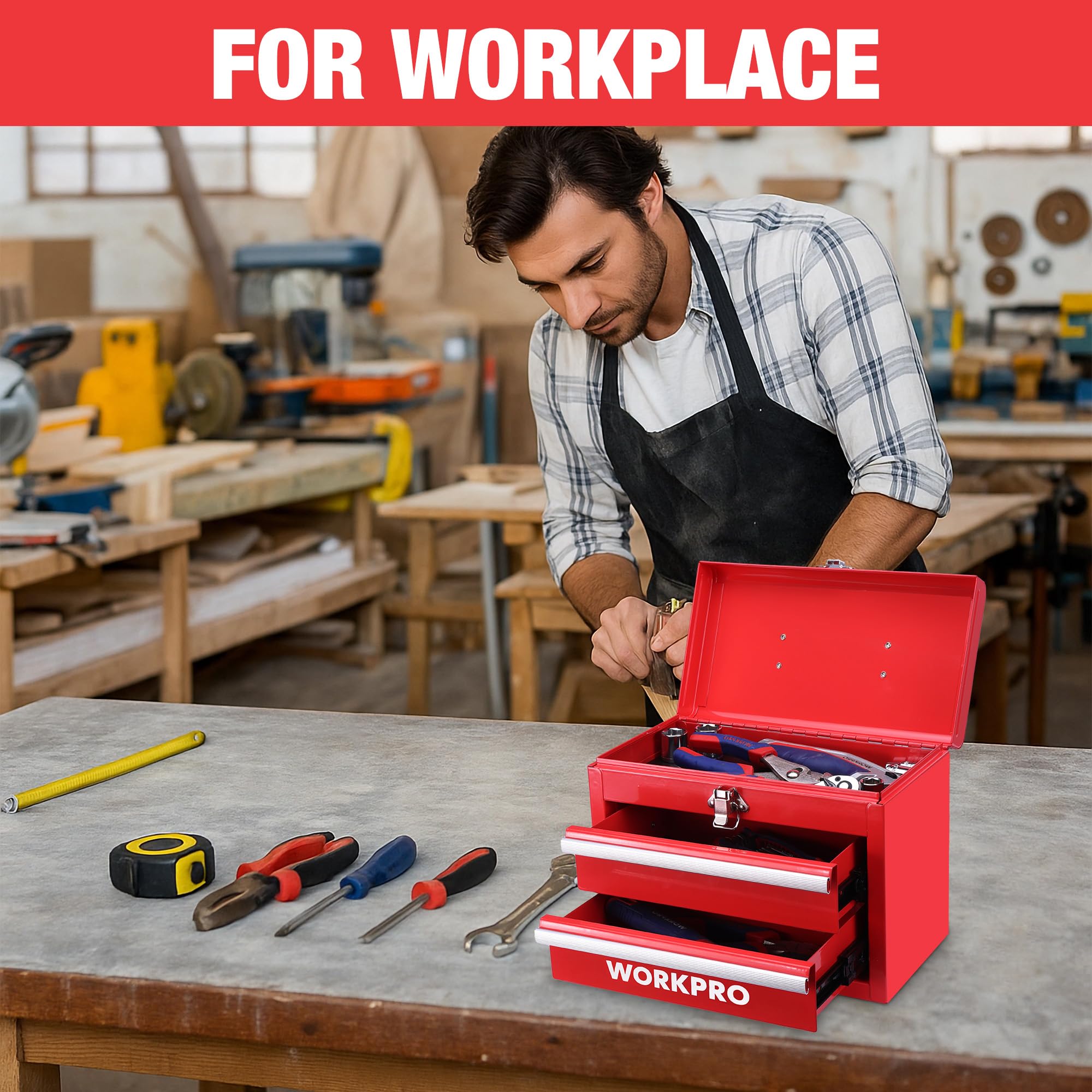 WORKPRO Przenośna mini skrzynka narzędziowa, 2 szuflady, metalowa skrzynia narzędziowa z prowadnicami z łożyskami kulkowymi, przechowywanie od góry i zamykane zatrzaski, ergonomiczny uchwyt do