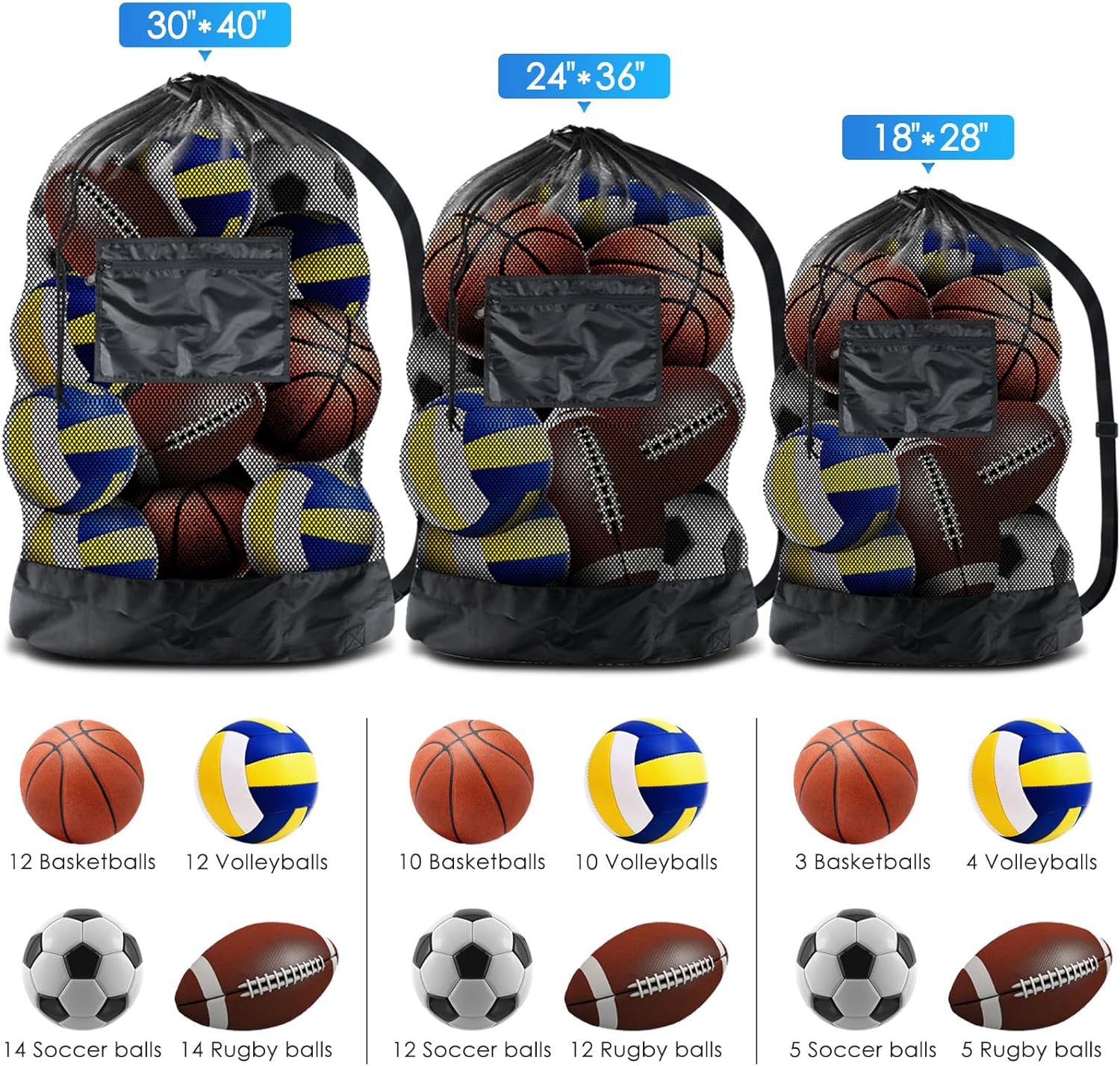 BROTOU Extra Large Sports Ball Bag Mesh, 5PCS Soccer Ball Bag Heavy Duty Drawstring Bags, Team Work for Holding Basketball, Volleyball, Baseball, Swimming Gear with Shoulder Strap