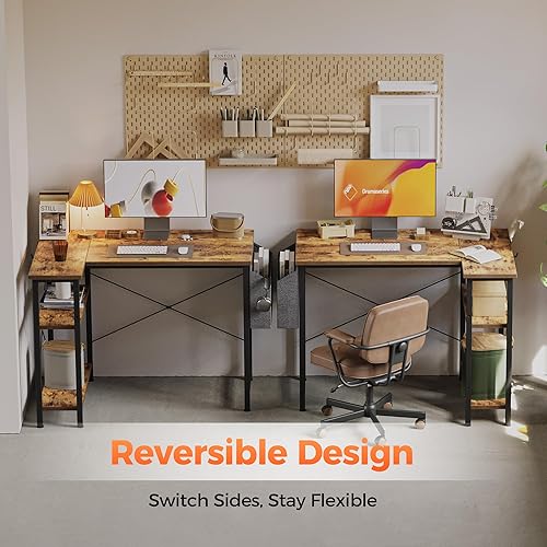 Miniatura 8 de Mericonia Escritorio pequeño en forma de L para computadora con tomas de corriente, escritorio de juegos para espacios pequeños, escritorio de