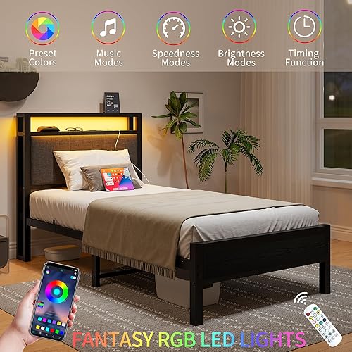 Miniatura 4 de Base de cama individual con estación de carga y luces LED, cabecera tapizada con estantes de almacenamiento, listones de metal resistentes, no