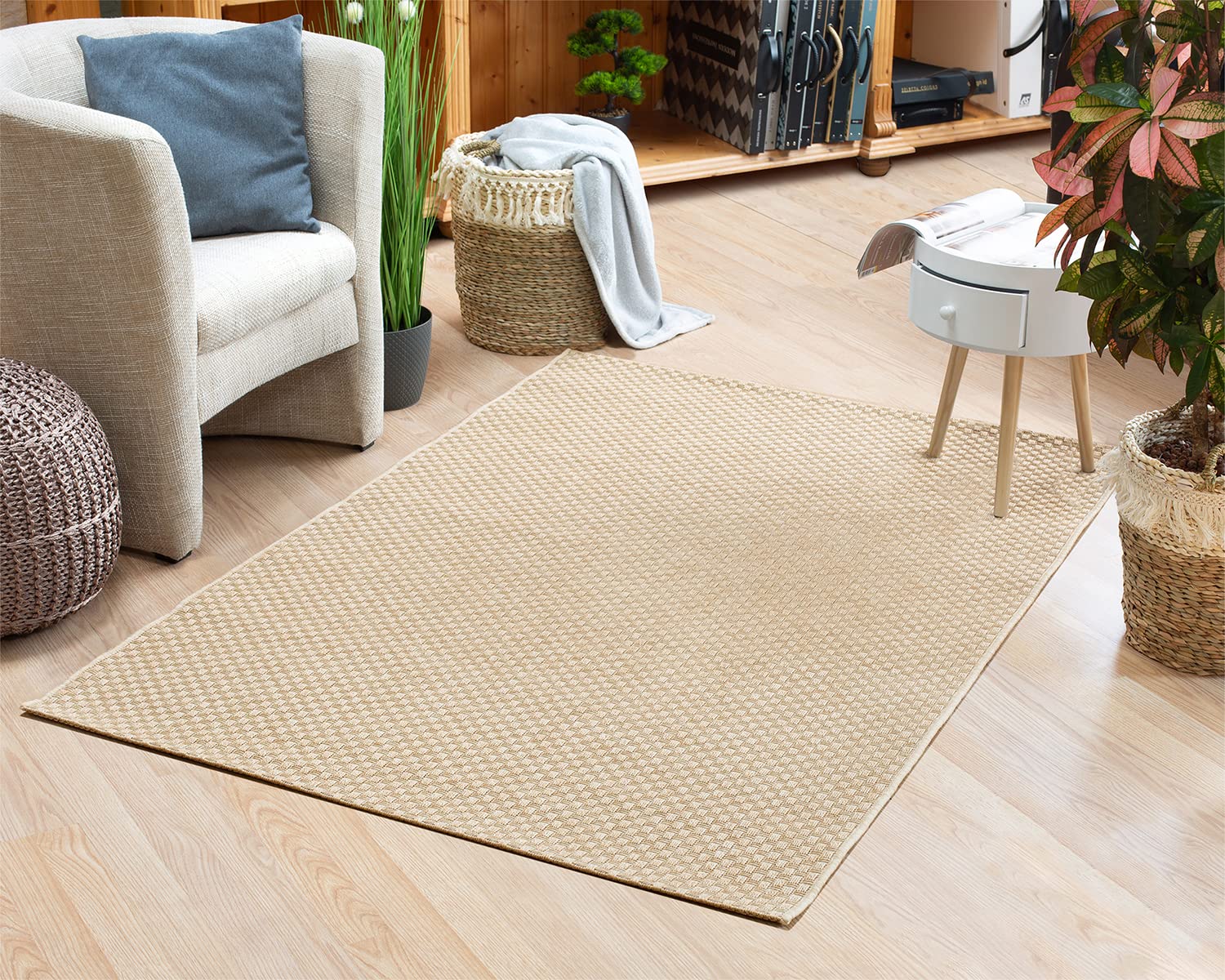 DomDeco In- & Outdoor Teppich UMAR mit unifarbenem Flachgewebe - wetterfest & robust für Garten/Terrasse/Balkon oder Innenräume, aus Kunstfaser, Beige in 160x230cm