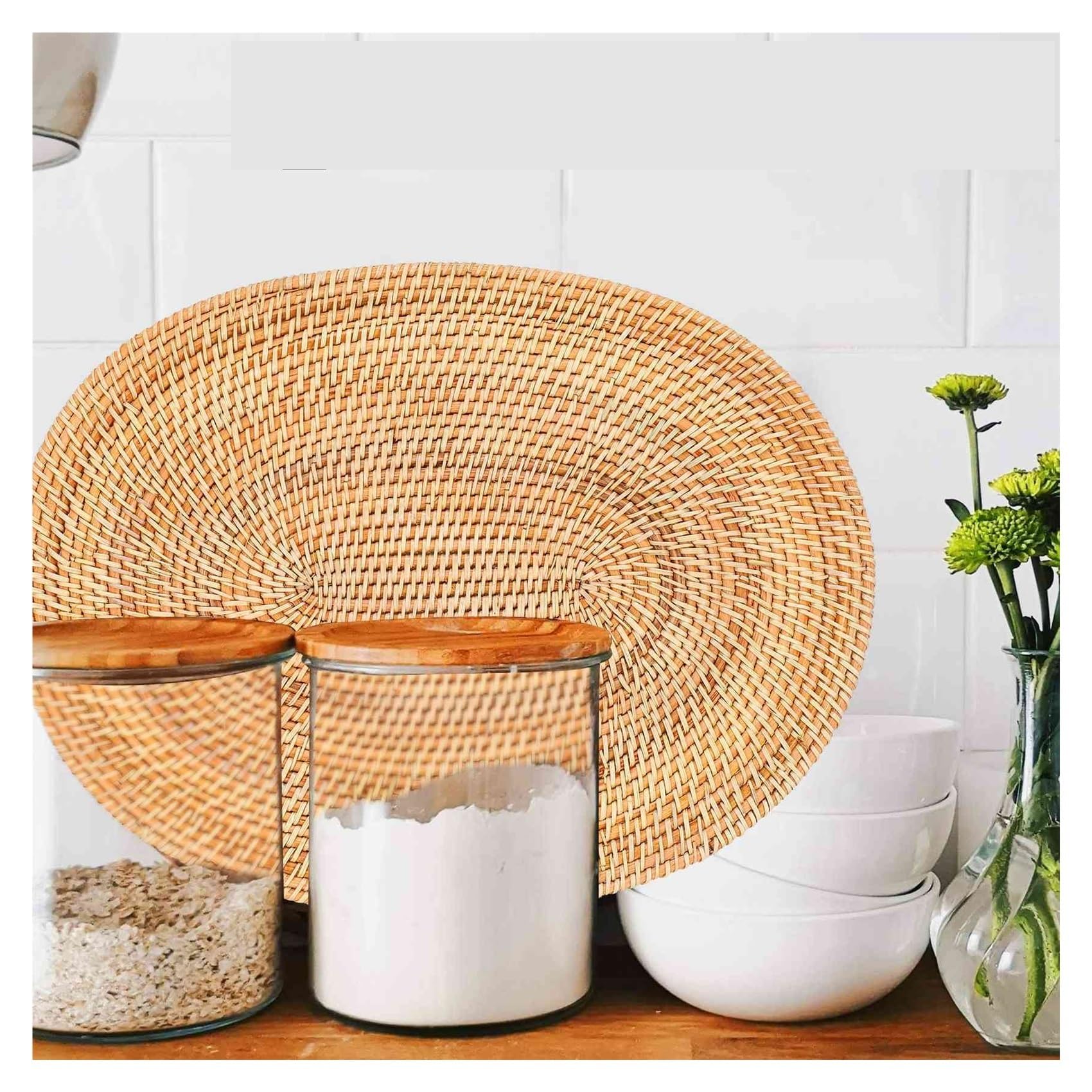 4 Stück ovales Rattan-Tischset, Rattan handgewebt Für Tisch | Teezeremonie-Zubehör, geeignet for Esszimmer, Küche