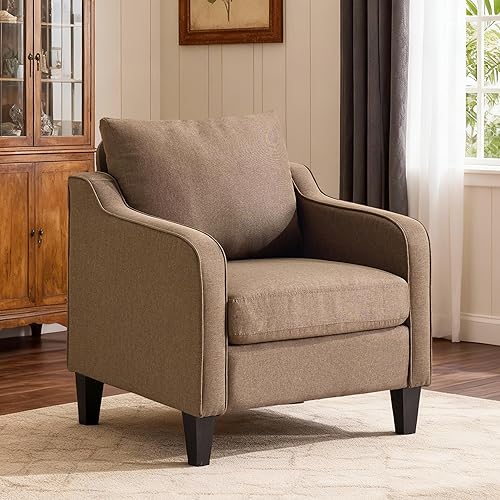 Accent Chair, Brown Mid Century Modern Arm Chair, Fine Linen Fabric Upholstered Armchair with Scooped Arms, Comfy Reading Chair for Living Room, Bedroom, Office, Apartment