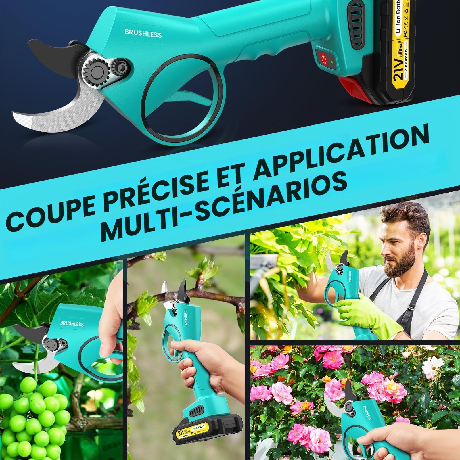 Secateur Electrique Sans Fil, 33mm, 800W Motor Sans Balais Secateur Electrique Professionnel avec 2 x 2000 mAh & Lames de Rechange & Boîte,Sécateur pour l'élagage des arbres et le jardinage