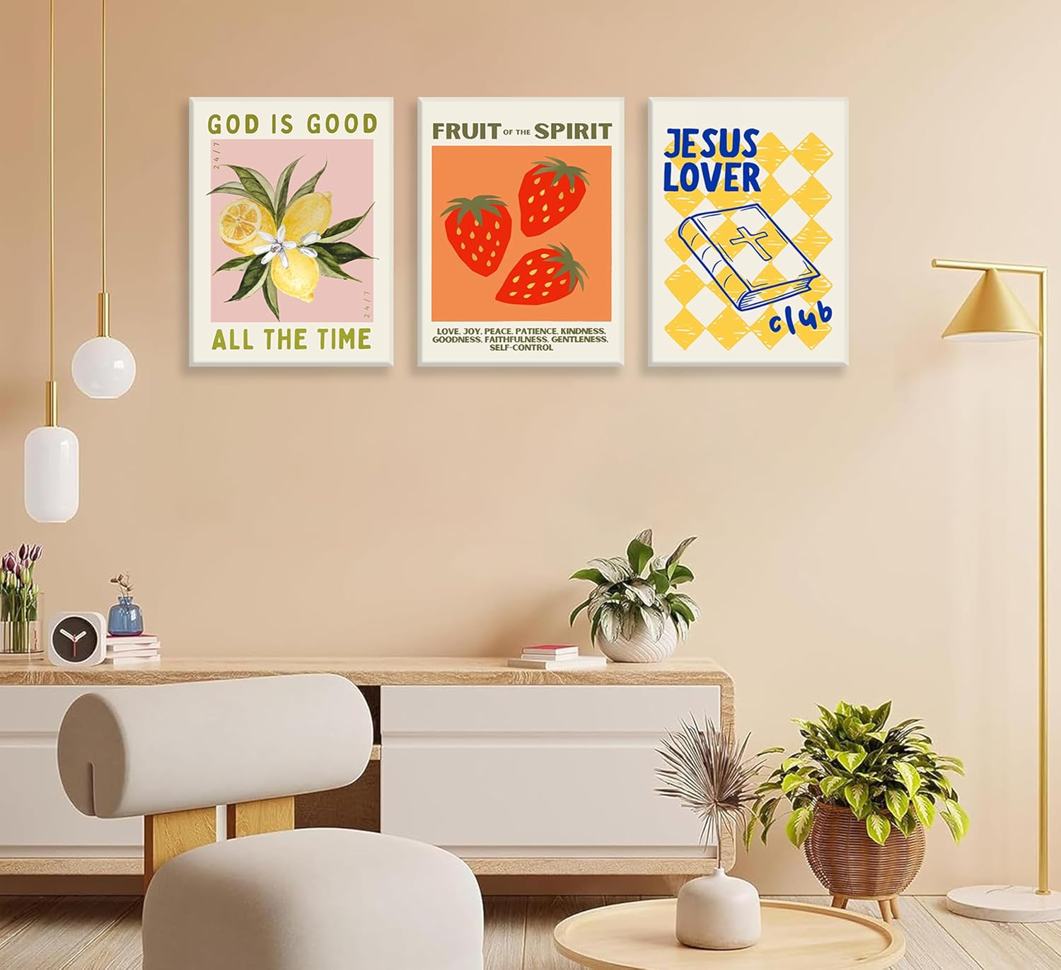 Trendy Christian Wall Art Colorful Scripture Pictutres Wall Decor Jesus Loves You Religious Quotes Posters Maximalist Bible Verse Florals Preppy Painting Print Artwork for Dorm Apartment, Framed