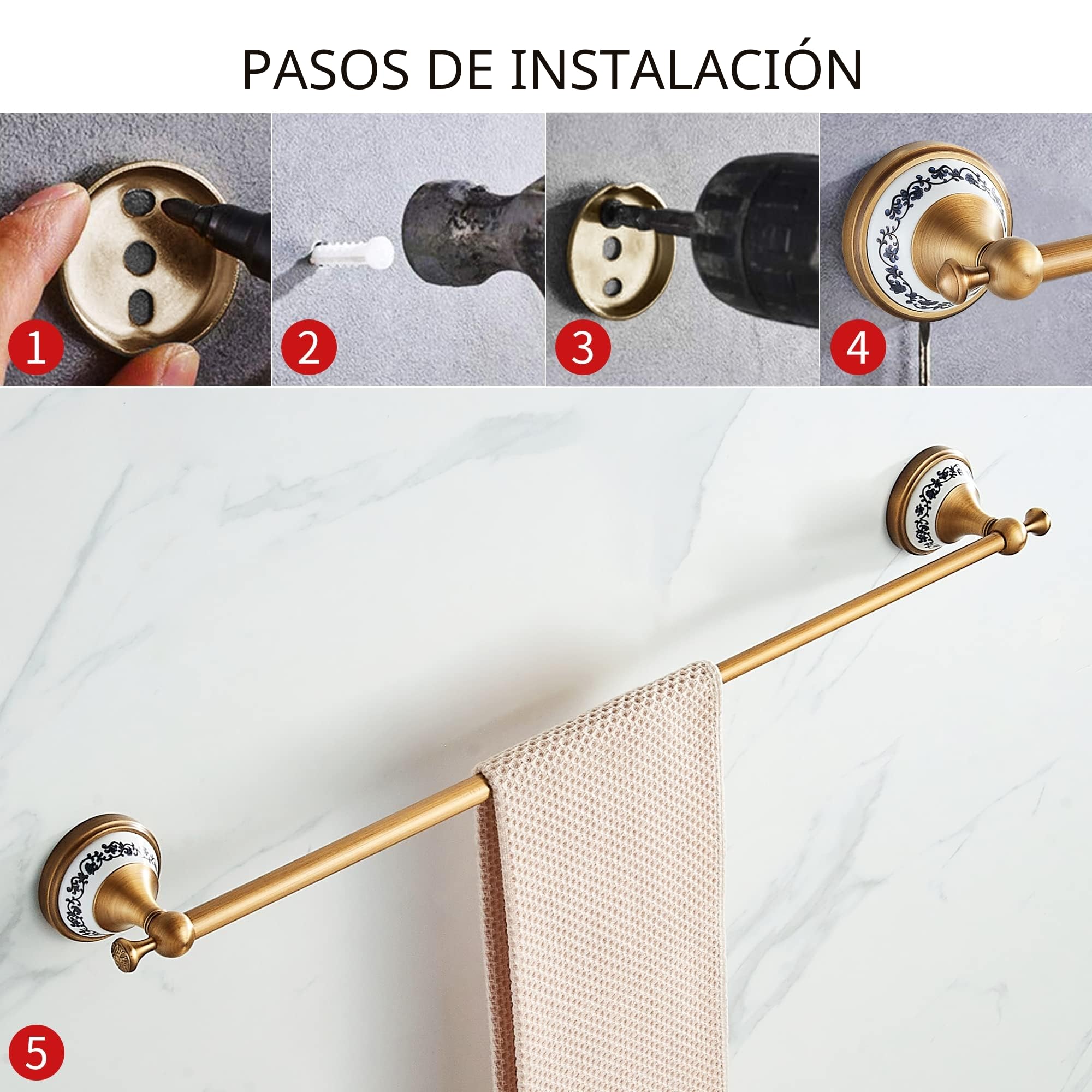 Juego de Accesorios de baño de Bronce Antiguo, toallero Ajustable, Soporte de Papel higiénico, Soporte para Toallas de Mano, Gancho, Juego de Accesorios de baño Dorados montado en la Pared