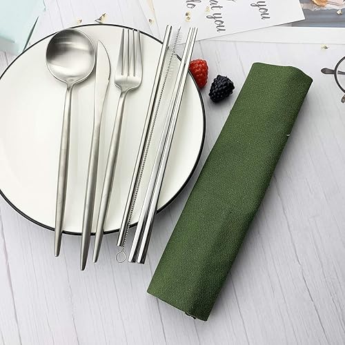 Miniatura 60 de JASHII Juego de cubiertos reutilizables con cuchillo, tenedor, cuchara, palillos, 7 piezas de vajilla portátil de acero inoxidable 304 de viaje