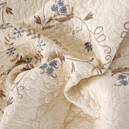 Miniatura 6 de Juego de edredón de 2 piezas con patrón bordado 3D floral azul, 100% algodón, reversible, acolchado, bordado, decorativo, ligero, suave, tamaño
