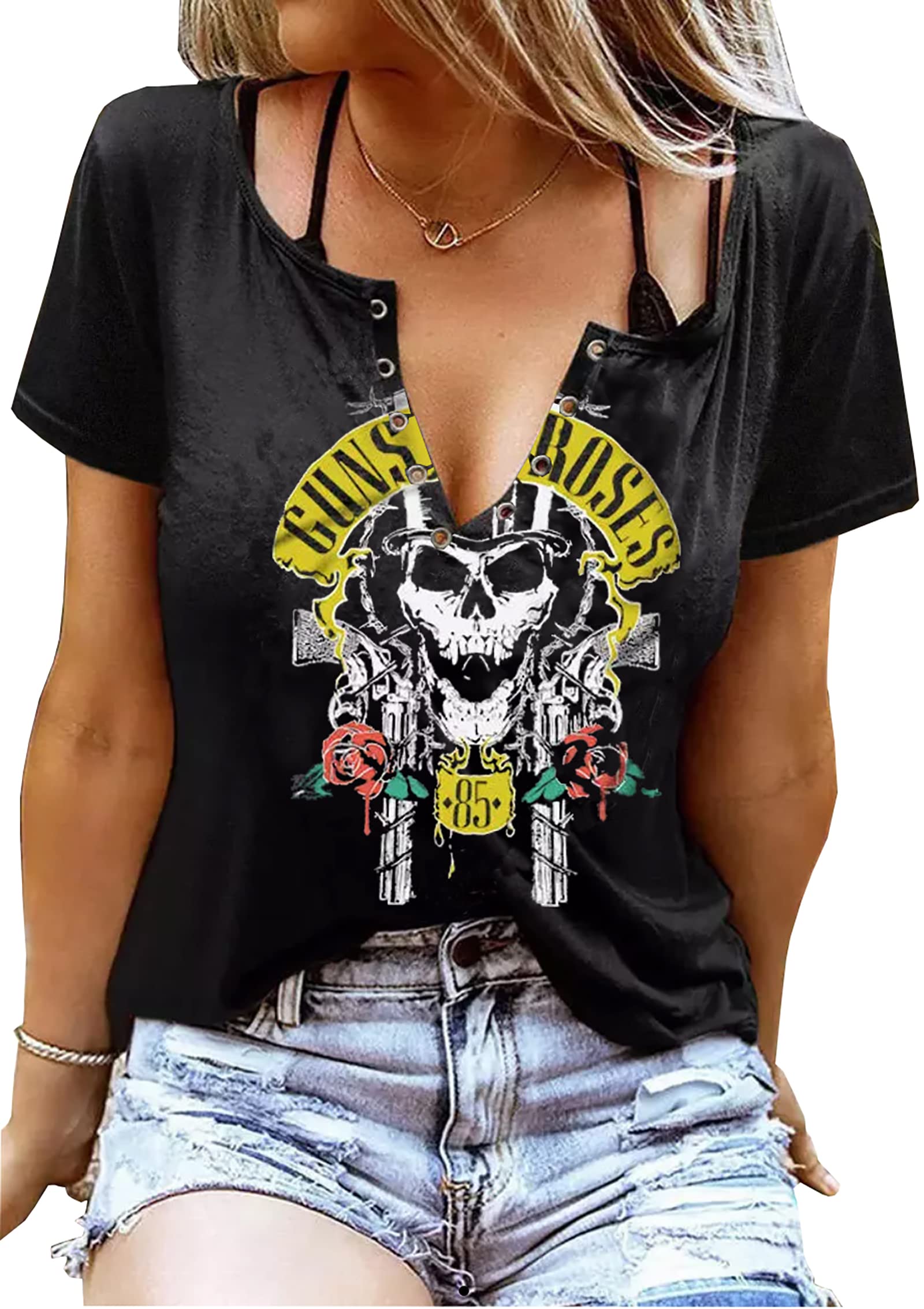 jusgaiBleached Guns N' Roses Shirt Top for Women Summer Holiday Country Music Graphic T-Shirt Tees