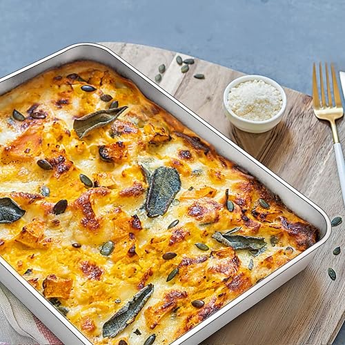 Miniatura 4 de TeamFar Molde para lasaña (3 sartenes y 3 tapas), 12 & 10 pulgadas y 9 pulgadas de diámetro, molde rectangular de acero inoxidable para hornear