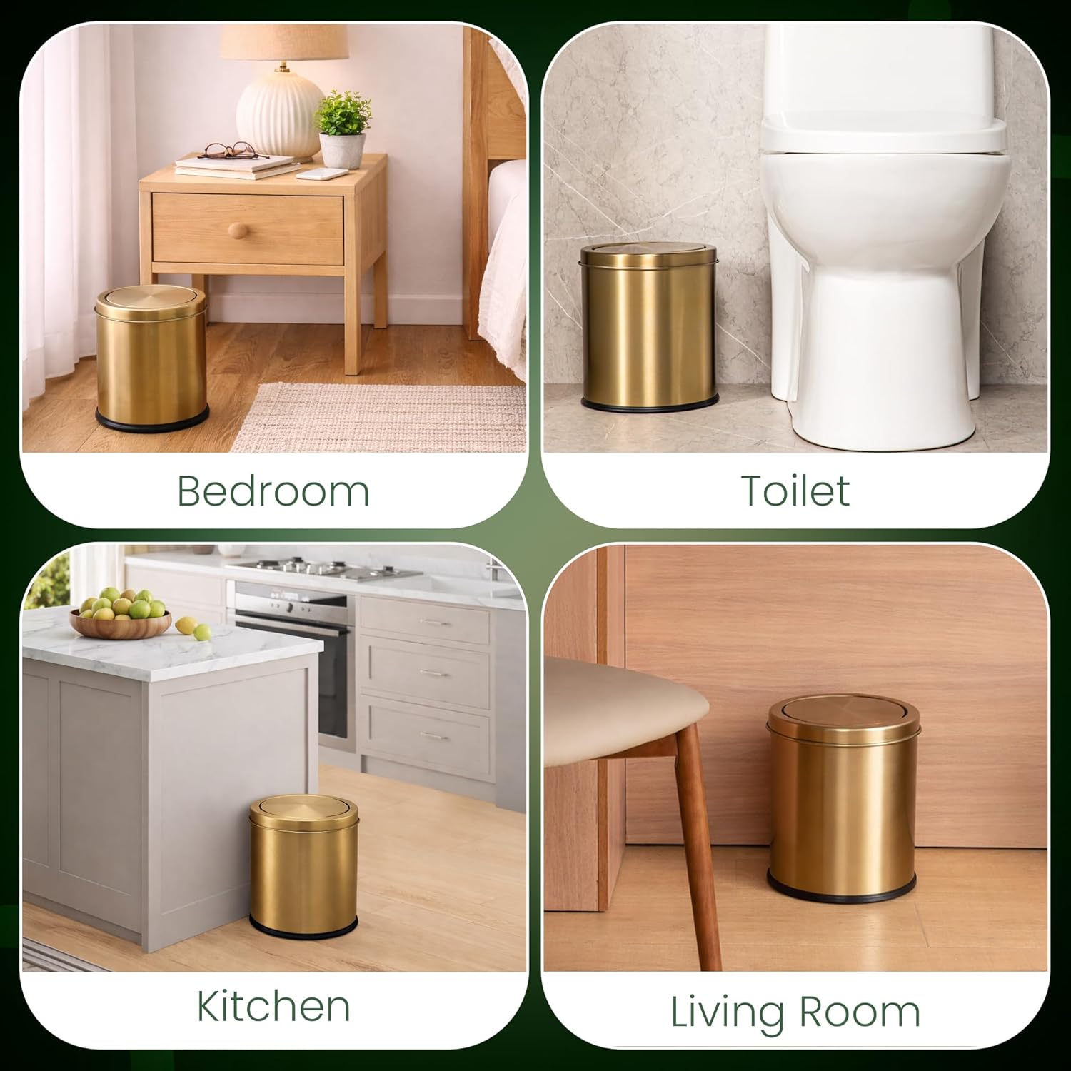 Gold Trash Can | Bathroom Garbage Bin with Lid | 5L Small Metal Wastebasket | Stainless Steel Rubbish Can | Non Slip Base | Simple Human Garbage Can | Office Wastebasket |