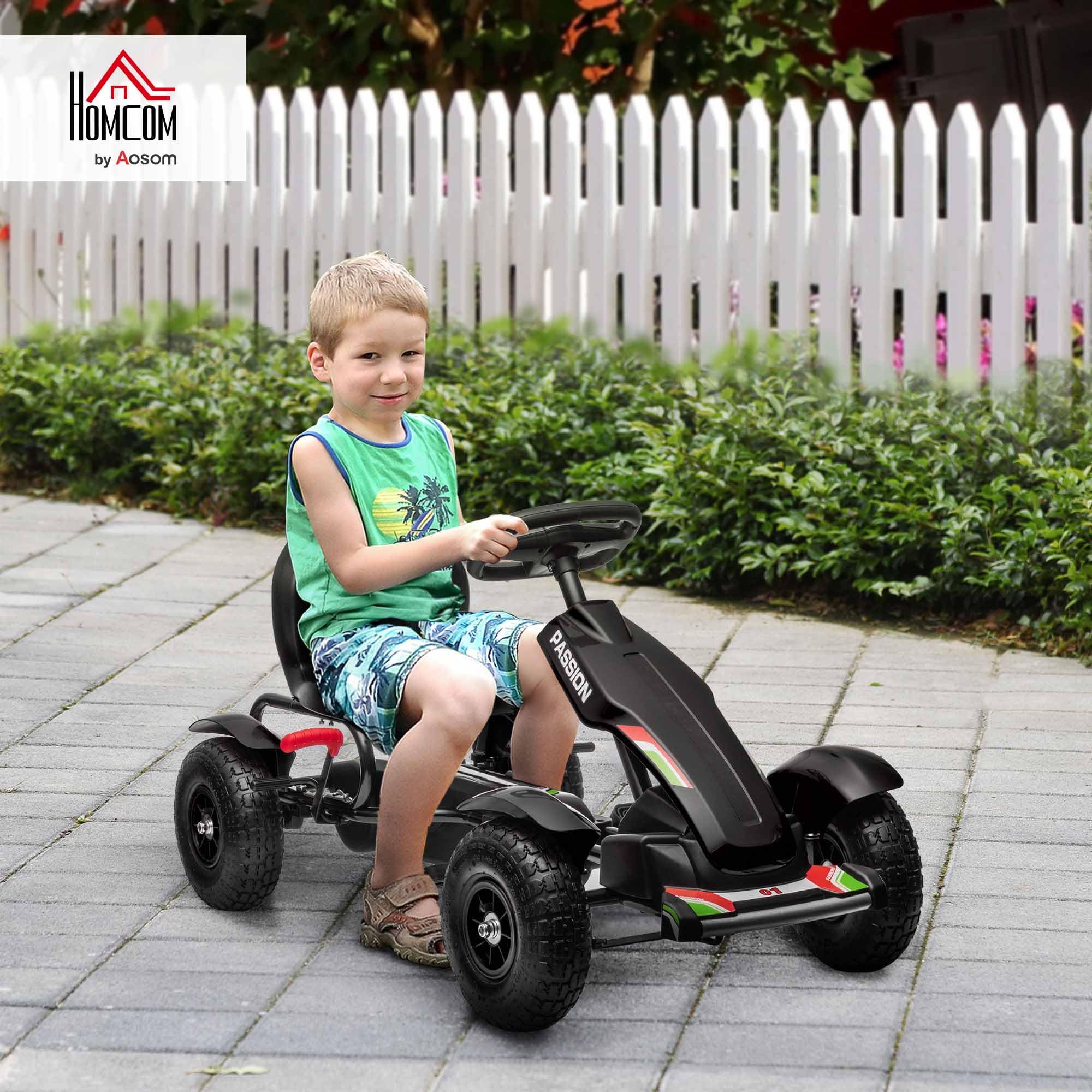 HOMCOM Gokart Tretauto mit Handbremse, verstellbarem Sitz, Vor- und Rückwärtsgang, Tretfahrzeug Kinderspielzeug Kinderfahrzeug Kettcar Pedal-Gokart für Kinder 5-12 Jahren Schwarz